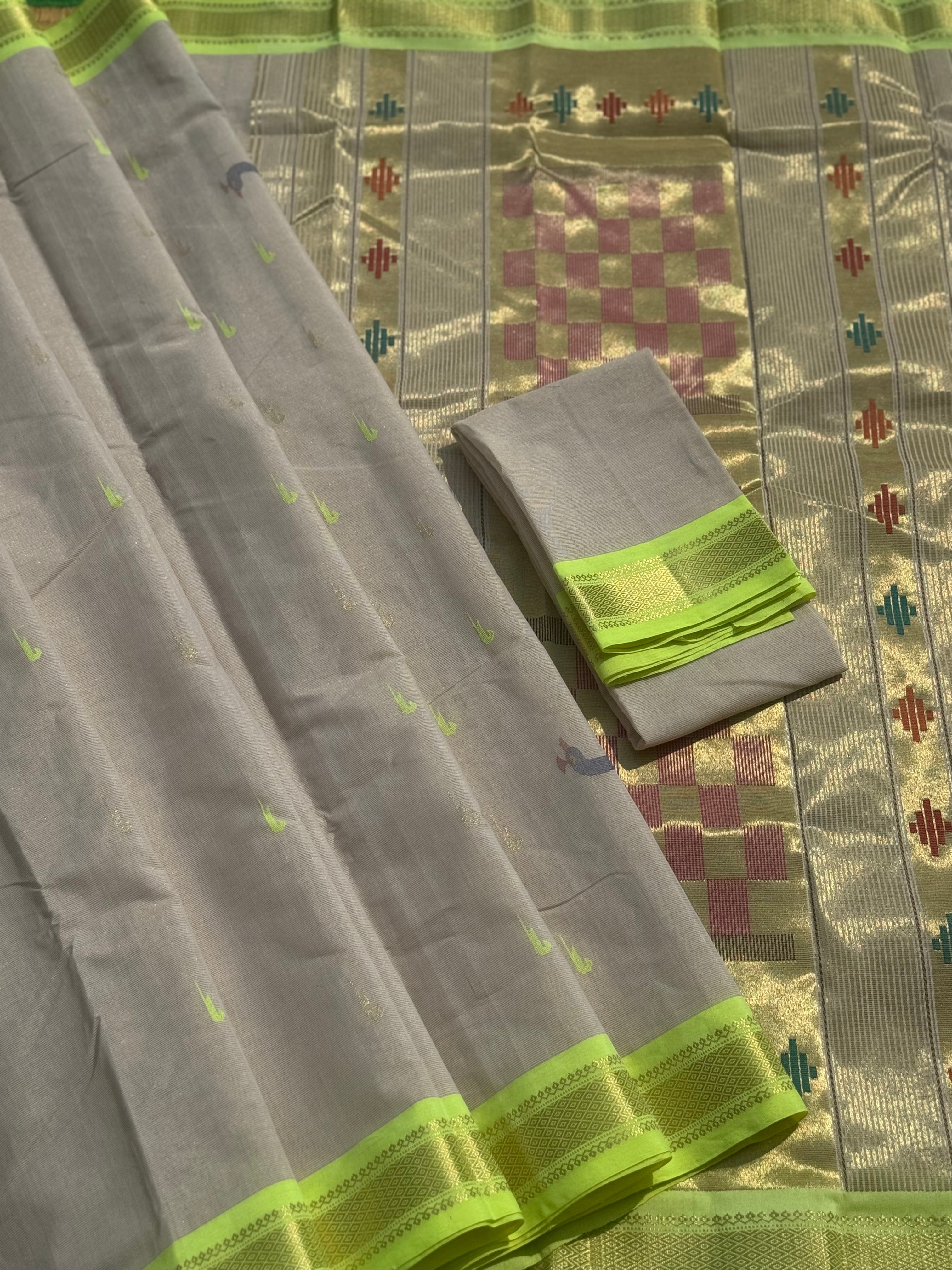 Limegreen with offwhite Paithani Cotton Saree With Zaristripes Body Tissue Paithani Pallu kadiyal Border Saree