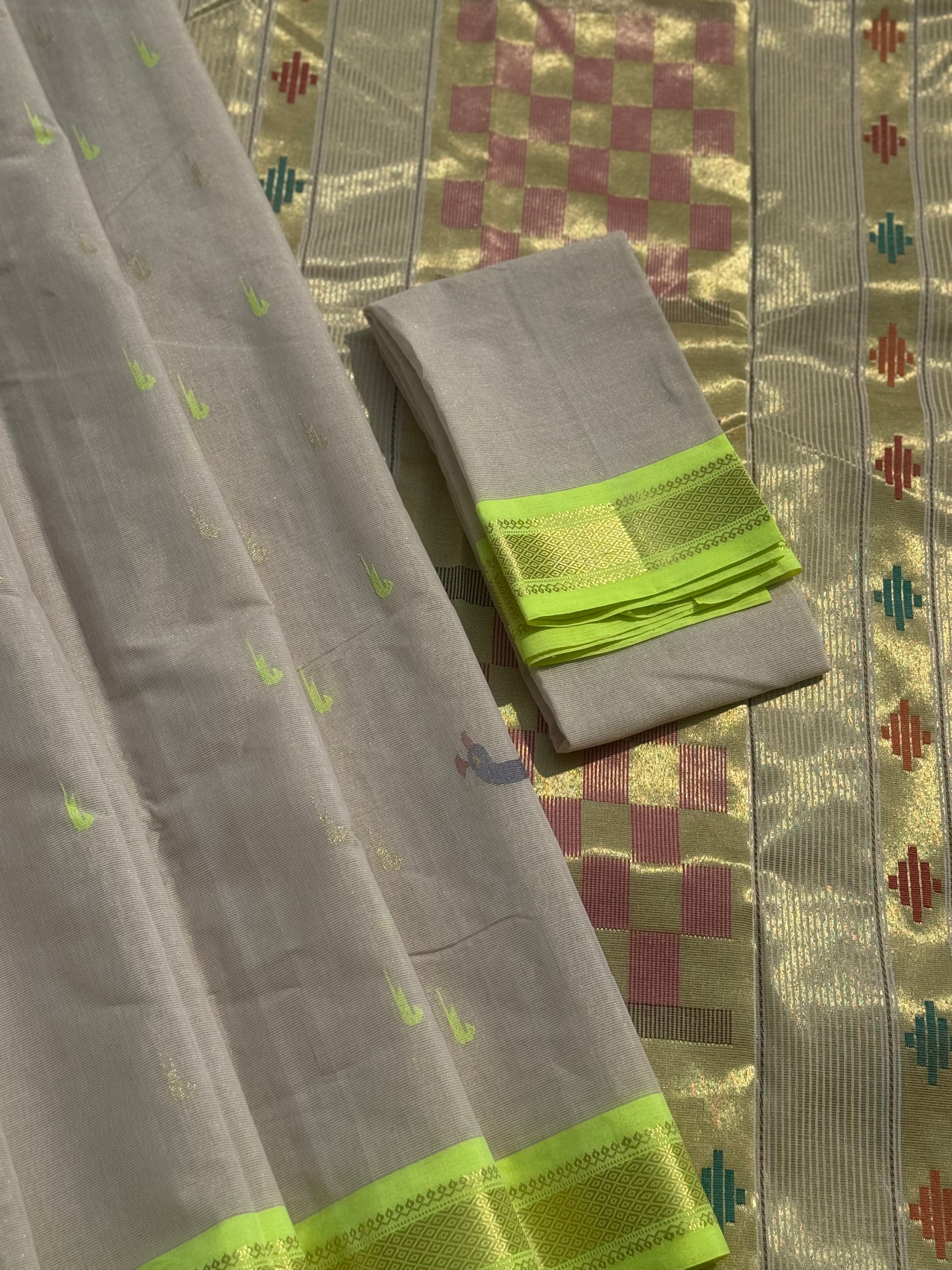 Limegreen with offwhite Paithani Cotton Saree With Zaristripes Body Tissue Paithani Pallu kadiyal Border Saree