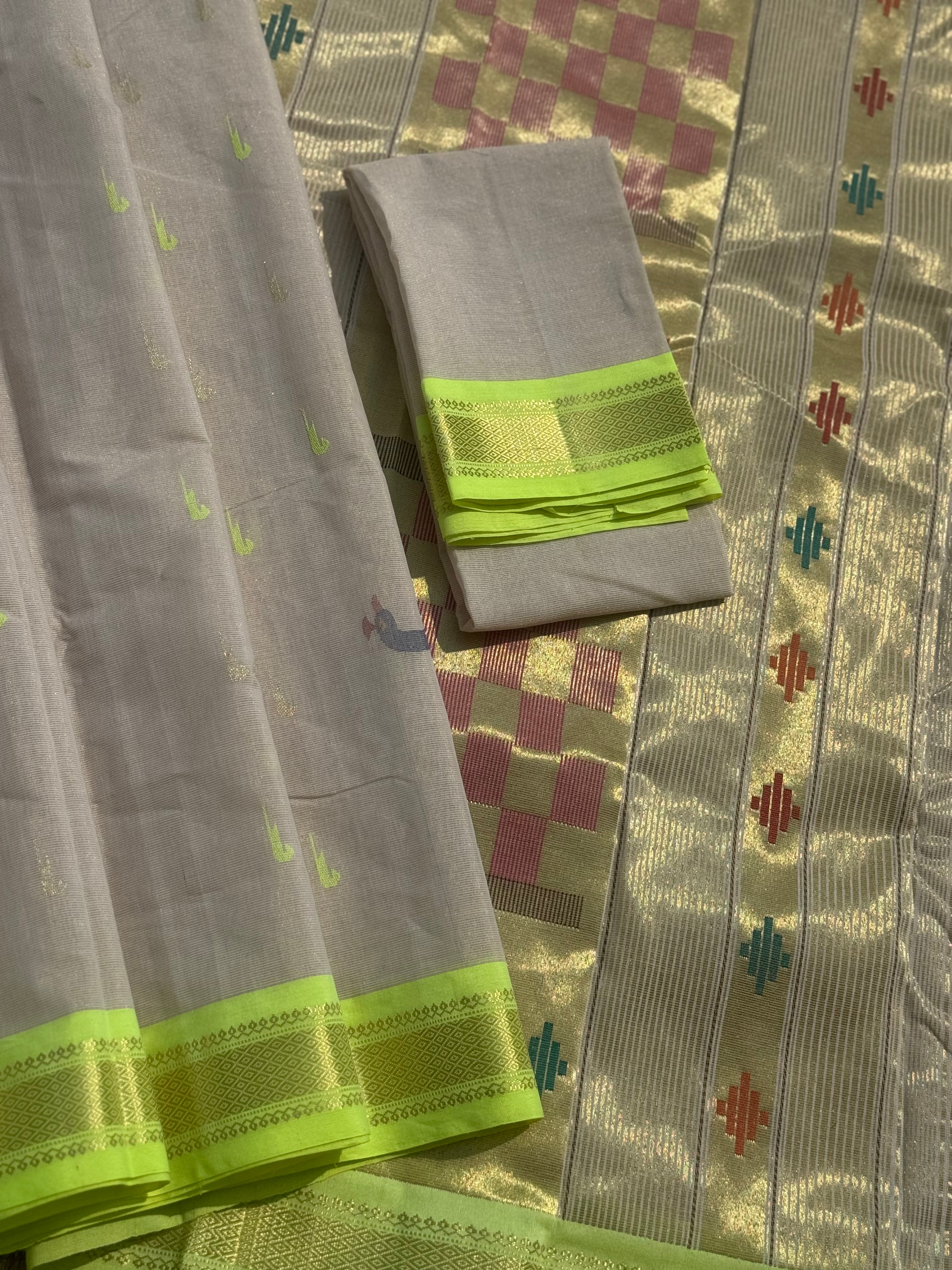 Limegreen with offwhite Paithani Cotton Saree With Zaristripes Body Tissue Paithani Pallu kadiyal Border Saree