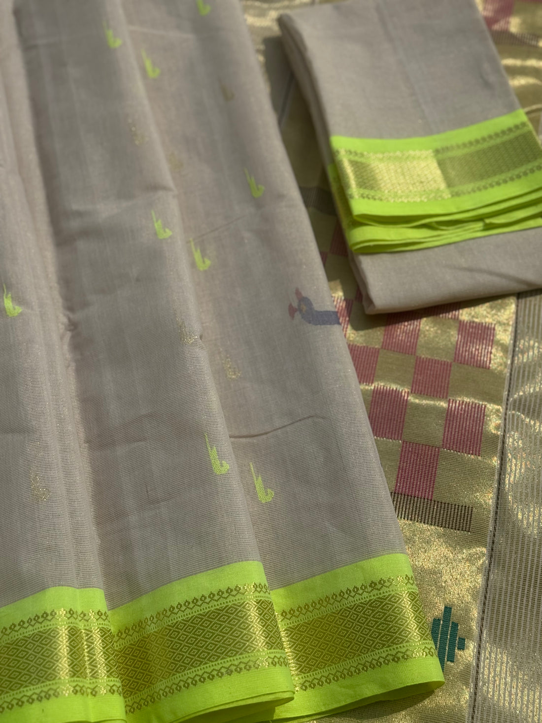 Limegreen with offwhite Paithani Cotton Saree With Zaristripes Body Tissue Paithani Pallu kadiyal Border Saree