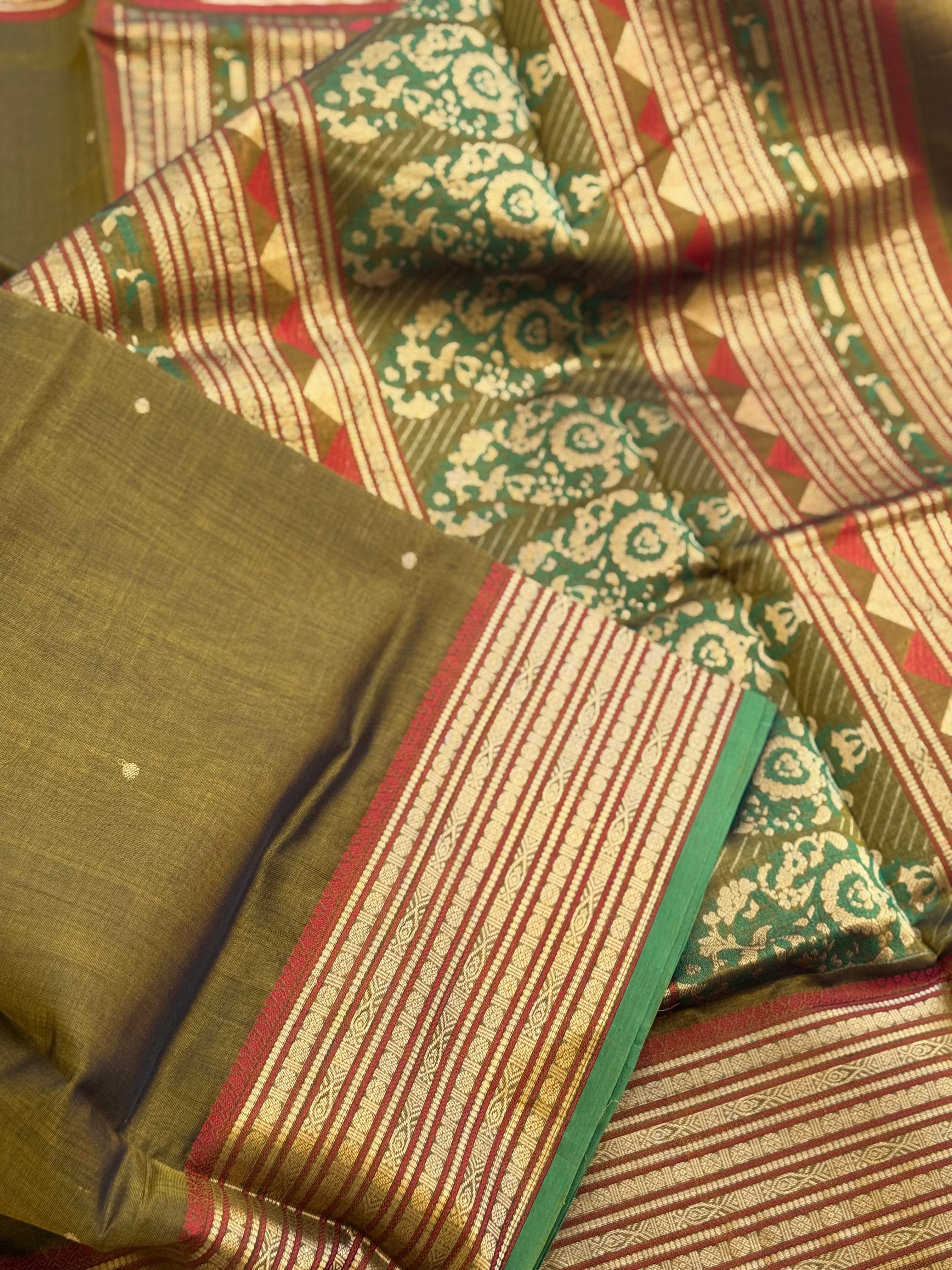 Kanchi silk cotton saree with paithani inspired motifs on pallu