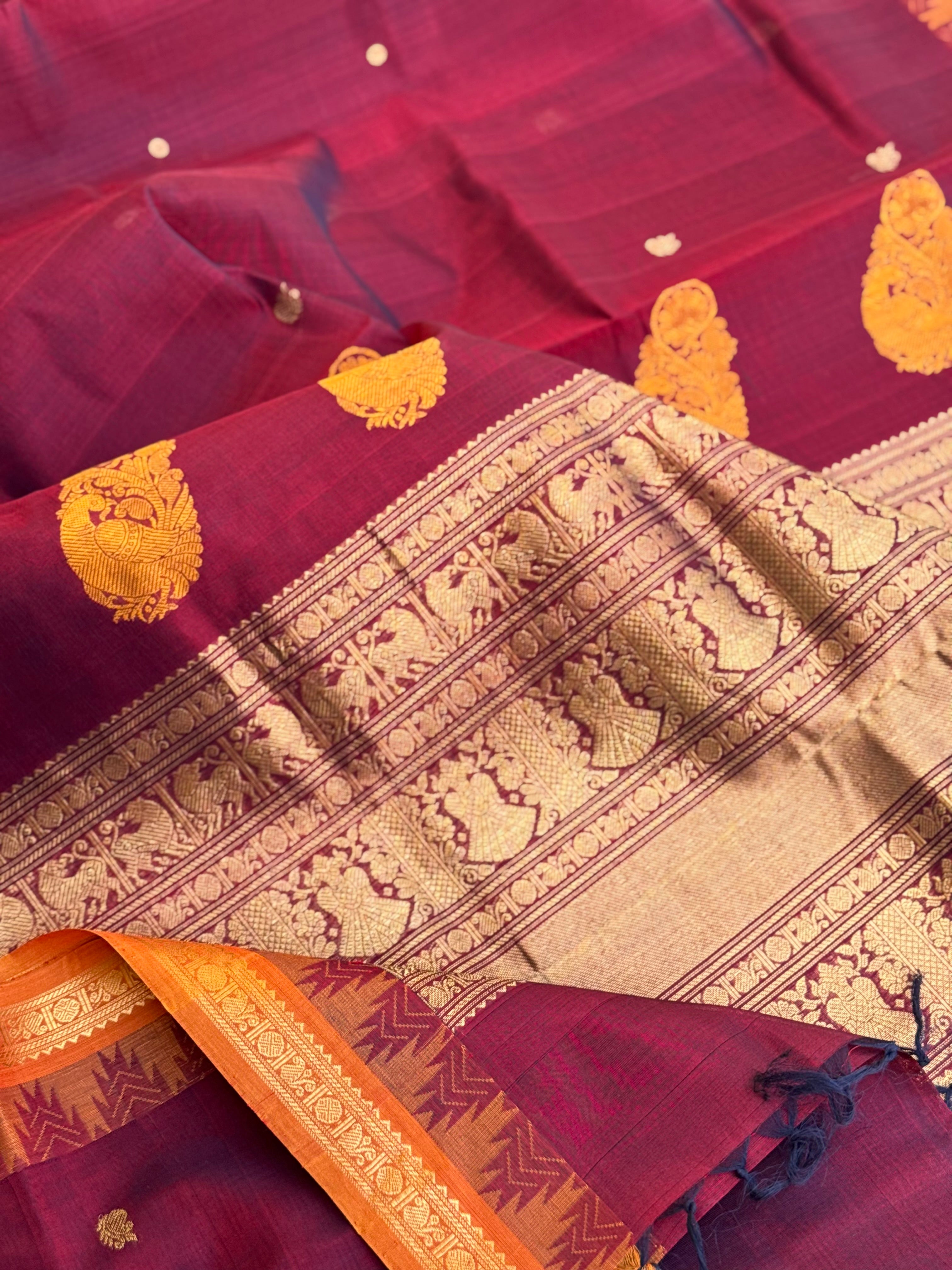 Kanchi silk cotton saree with contrast orange border