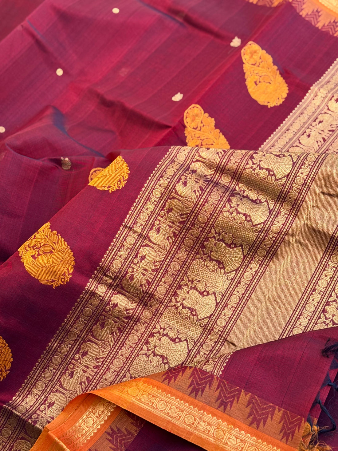 Kanchi silk cotton saree with contrast orange border