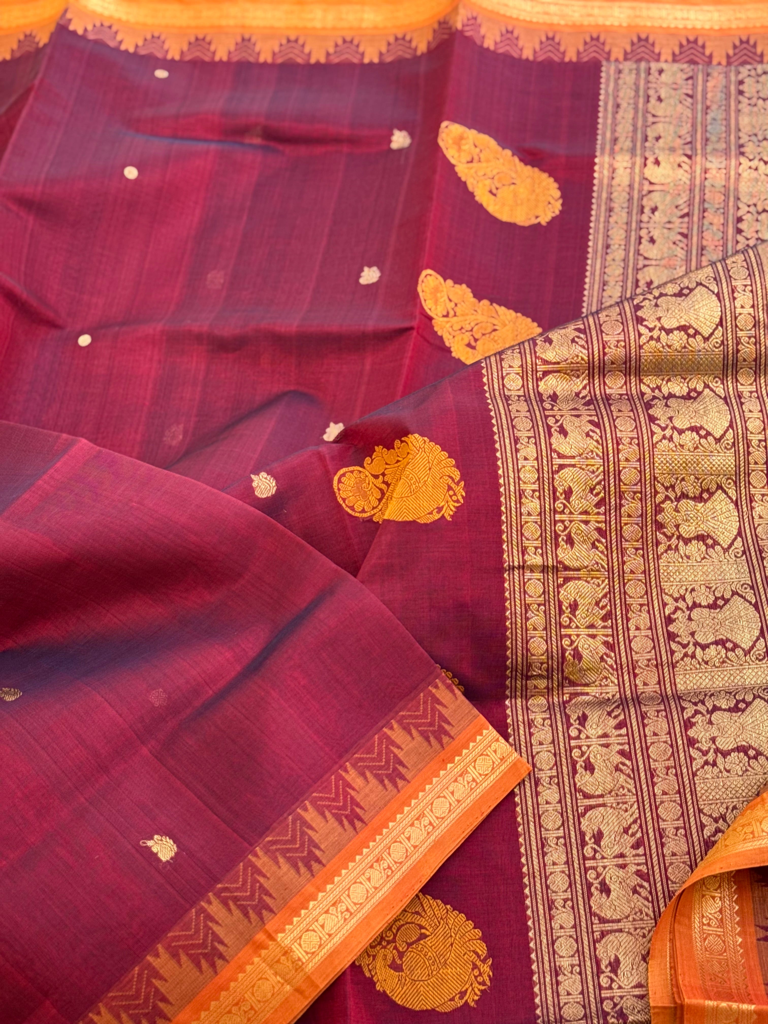 Kanchi silk cotton saree with contrast orange border