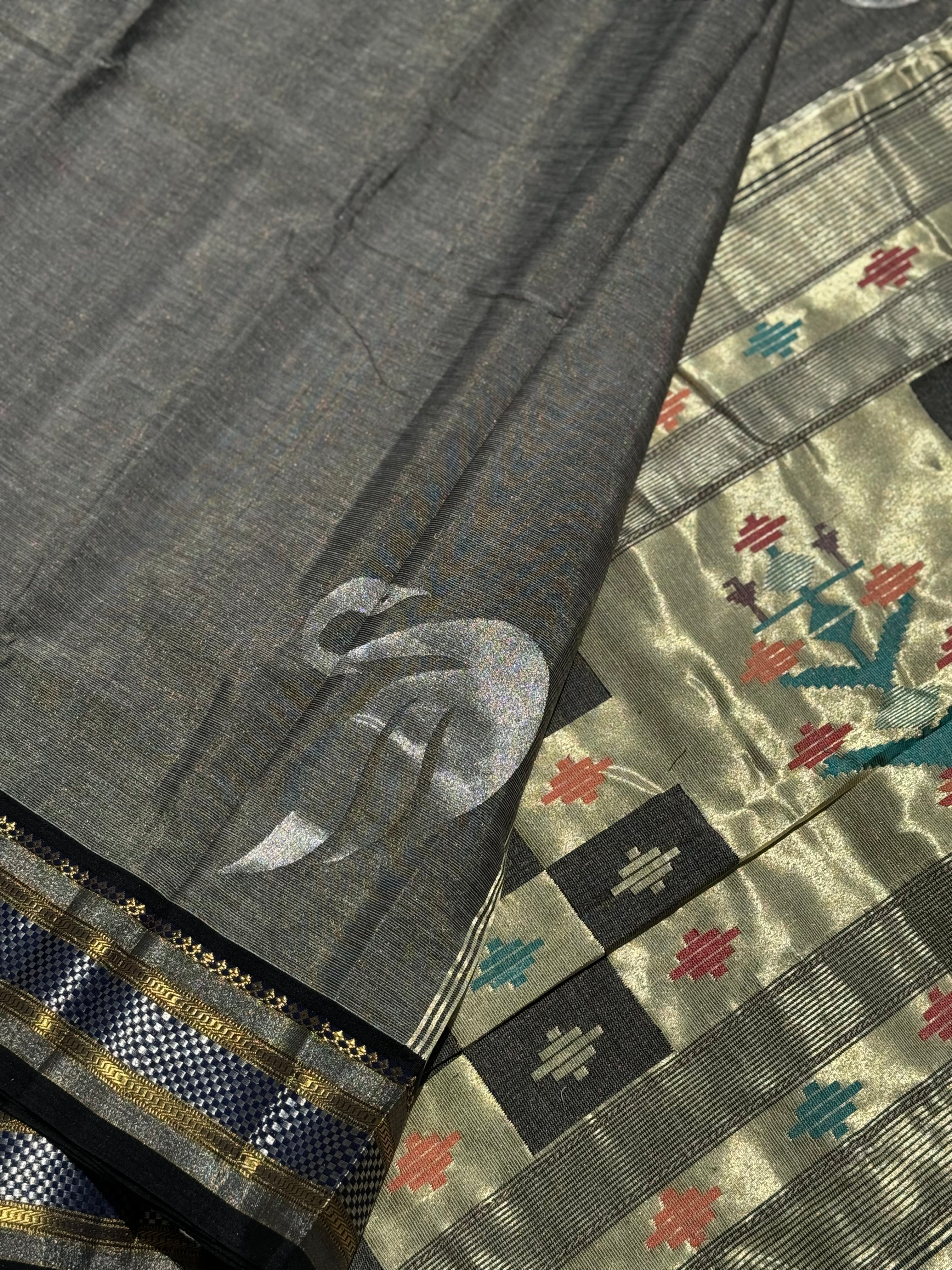 Black with Ivory Paithani Cotton Saree With Zaristripes Body Tissue Paithani Pallu kadiyal Border Saree