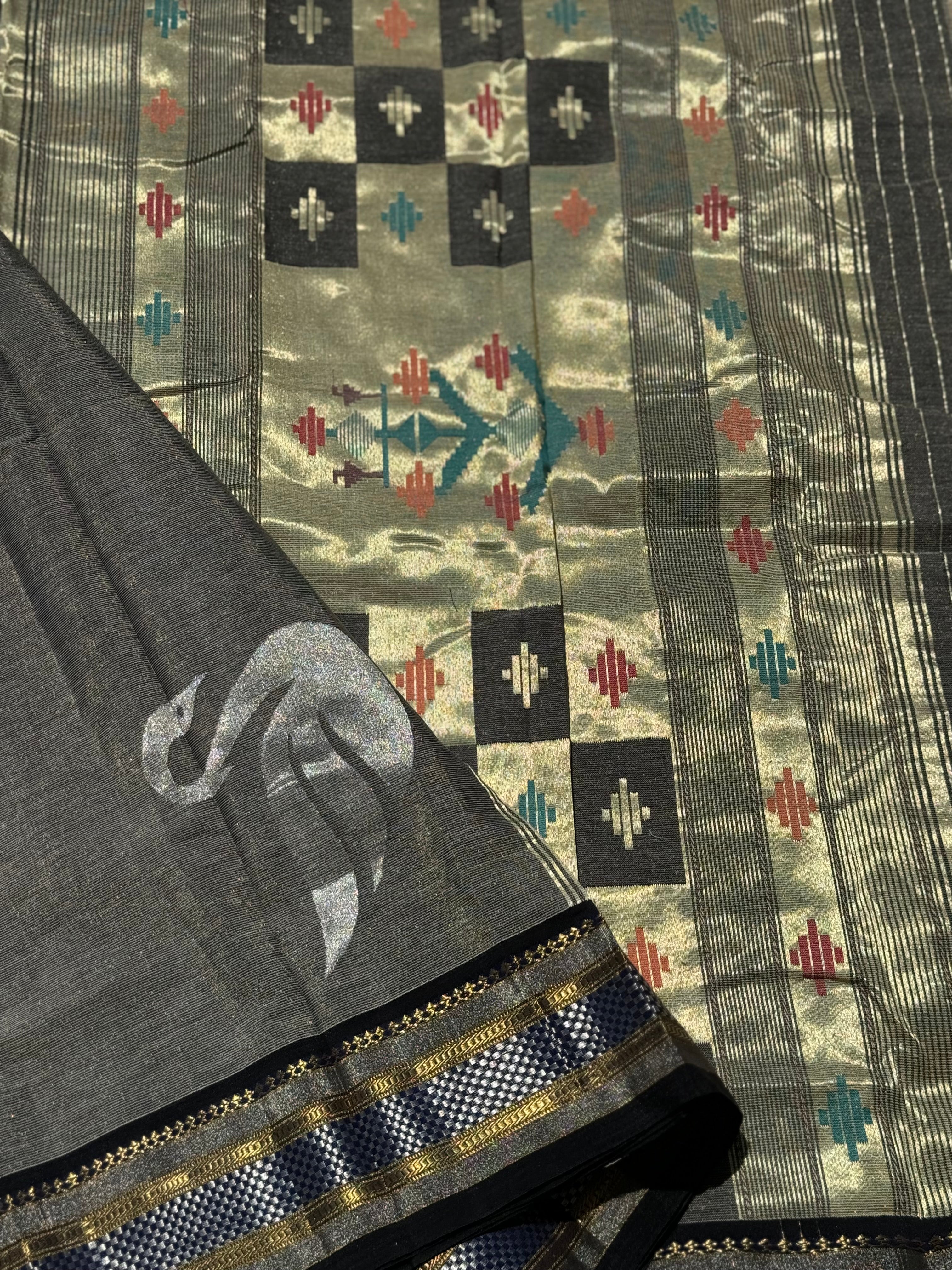 Black with Ivory Paithani Cotton Saree With Zaristripes Body Tissue Paithani Pallu kadiyal Border Saree