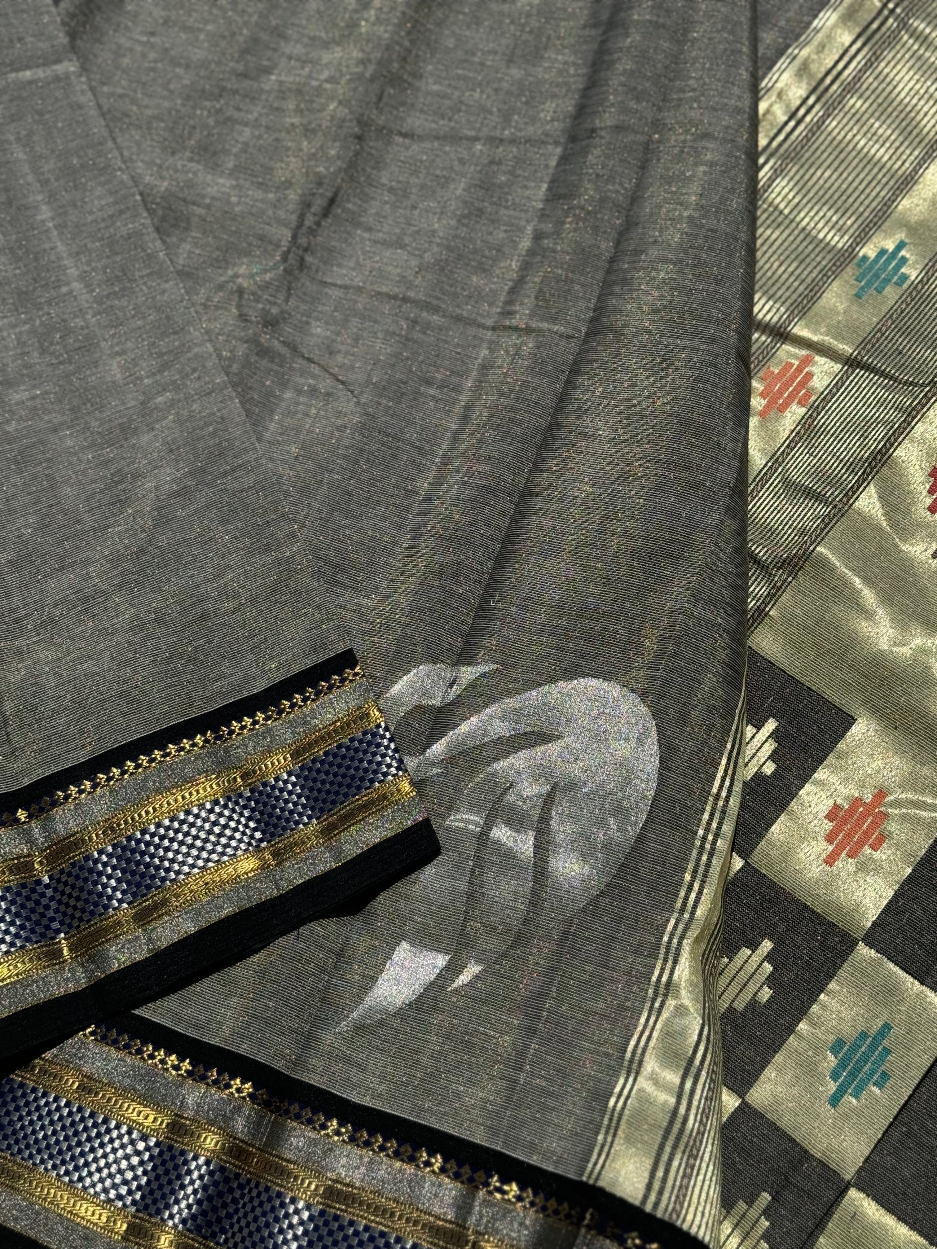 Black with Ivory Paithani Cotton Saree With Zaristripes Body Tissue Paithani Pallu kadiyal Border Saree