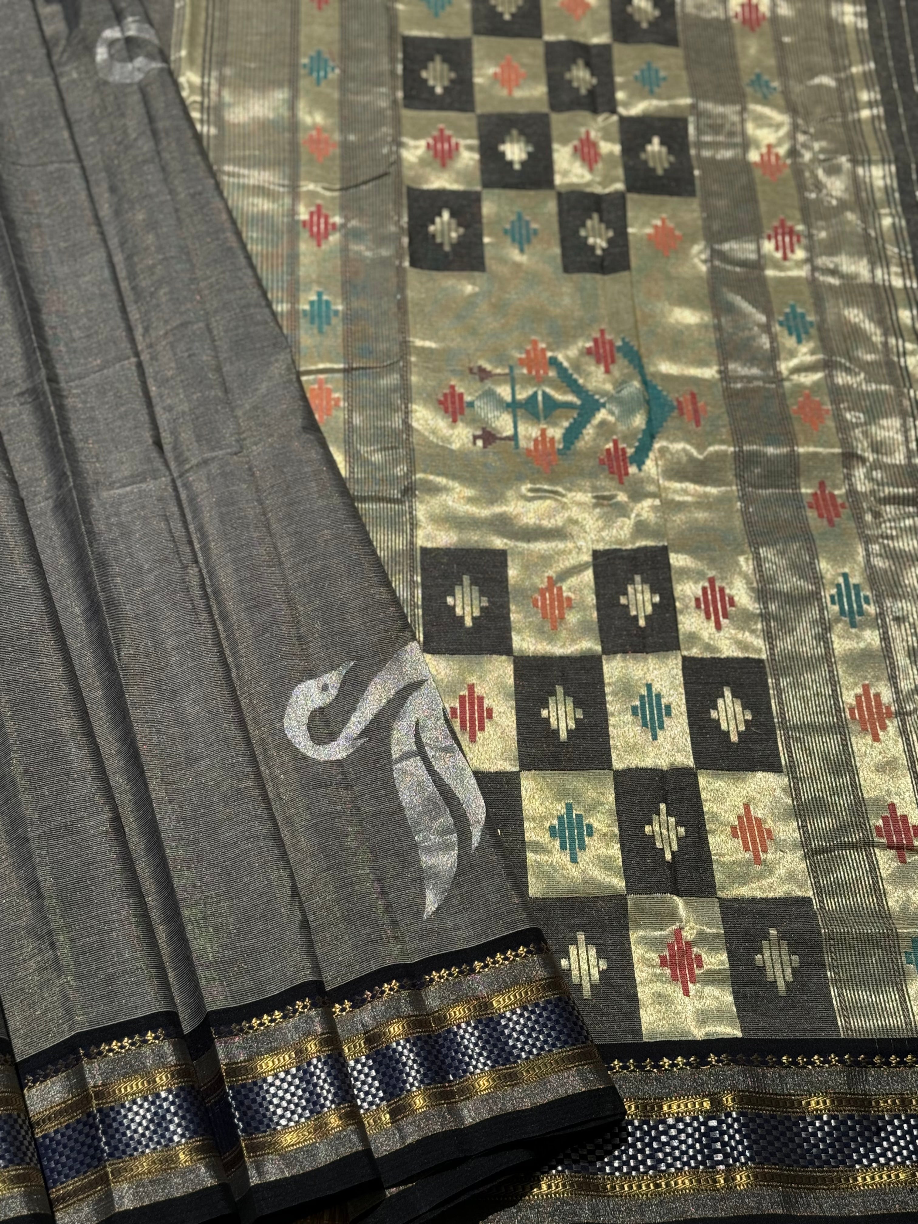 Black with Ivory Paithani Cotton Saree With Zaristripes Body Tissue Paithani Pallu kadiyal Border Saree
