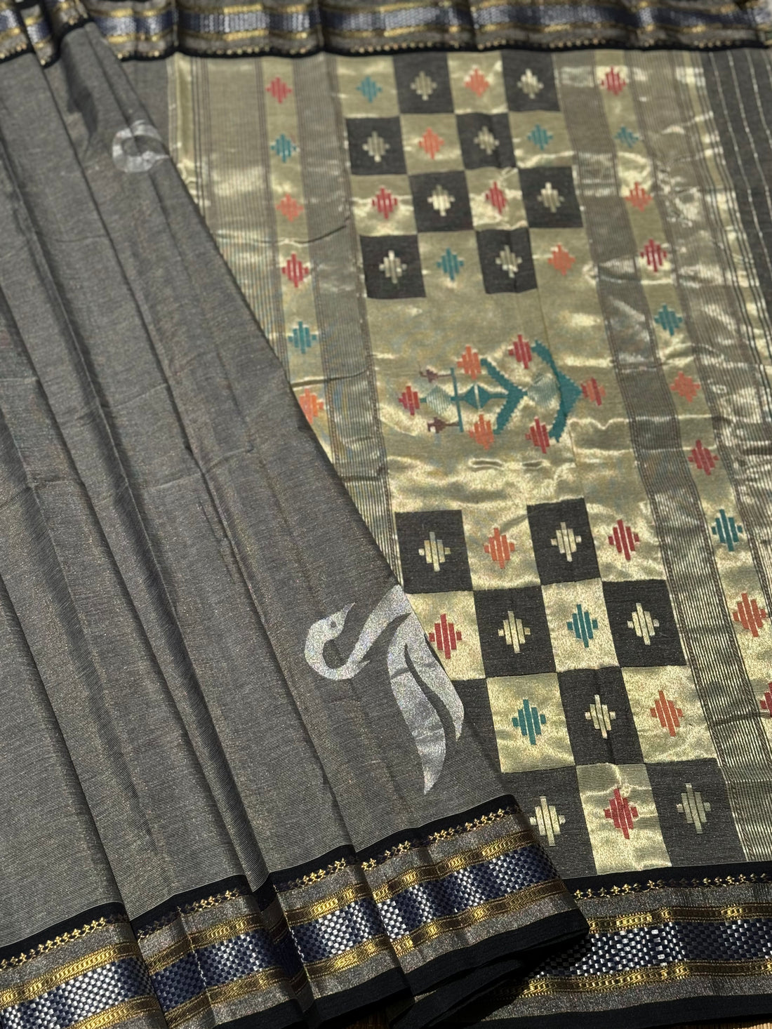 Black with Ivory Paithani Cotton Saree With Zaristripes Body Tissue Paithani Pallu kadiyal Border Saree