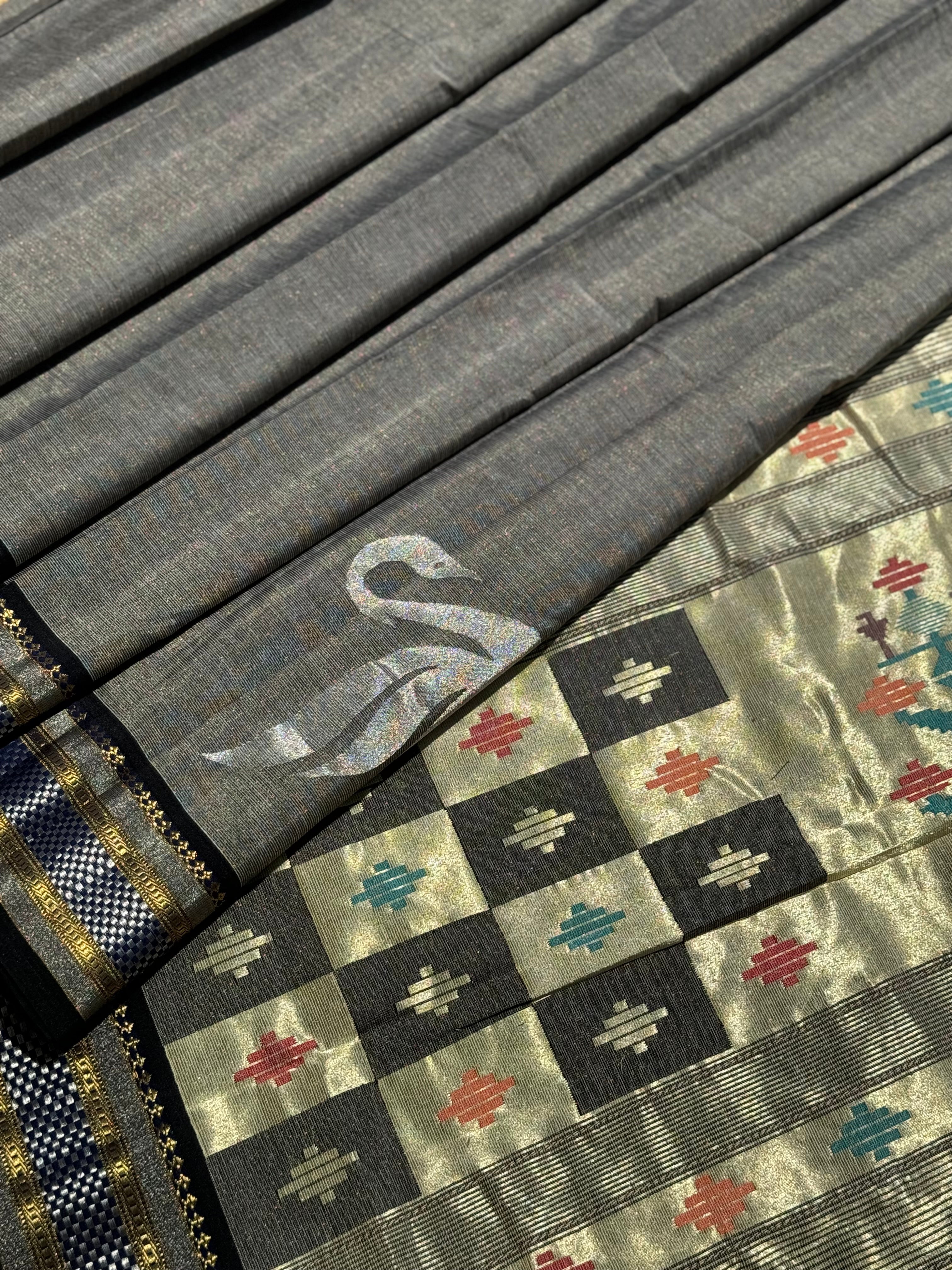Black with Ivory Paithani Cotton Saree With Zaristripes Body Tissue Paithani Pallu kadiyal Border Saree