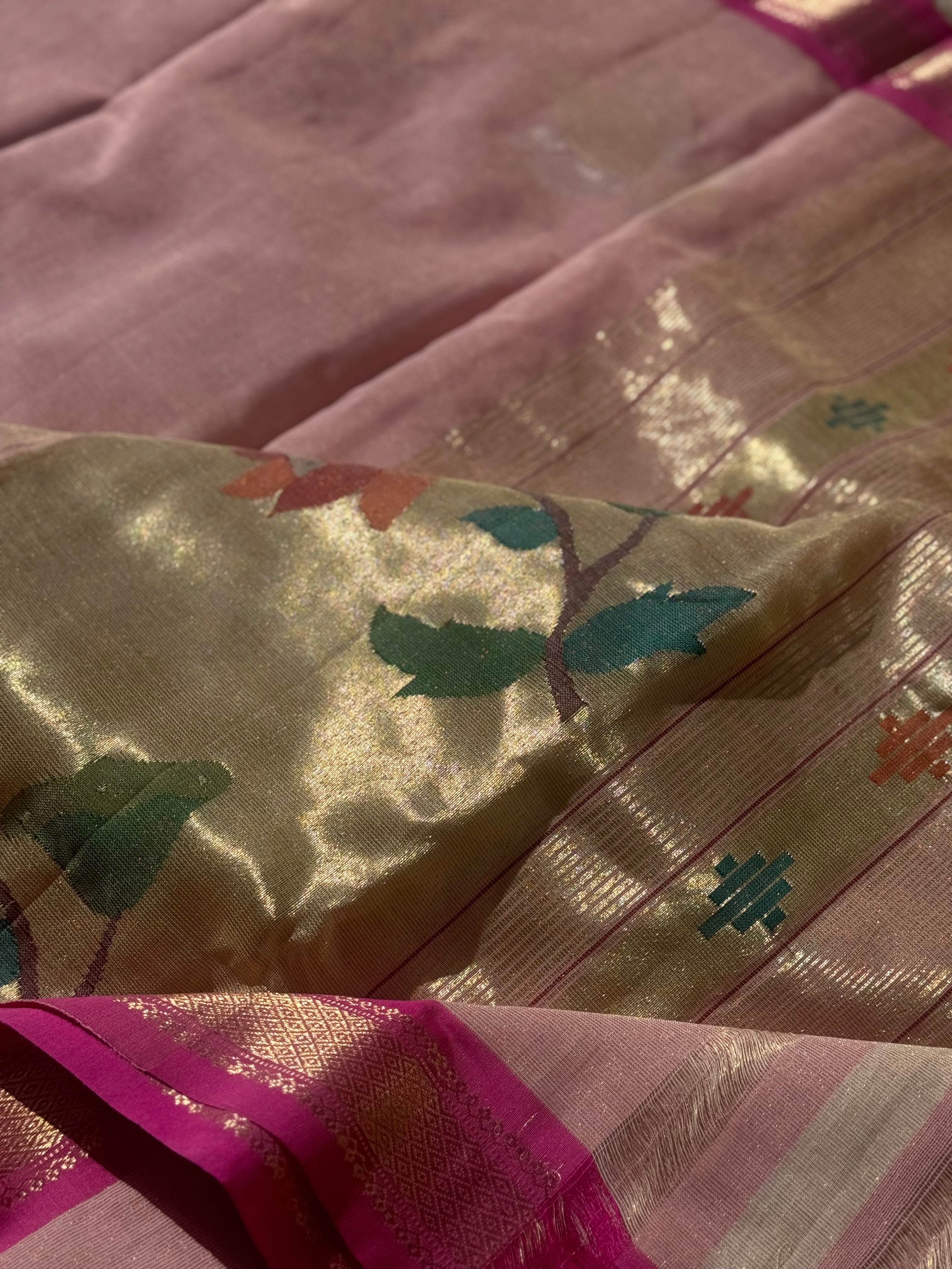 Baby Pink Paithani Cotton Saree With Zaristripes Body Tissue Paithani Pallu kadiyal Border Saree