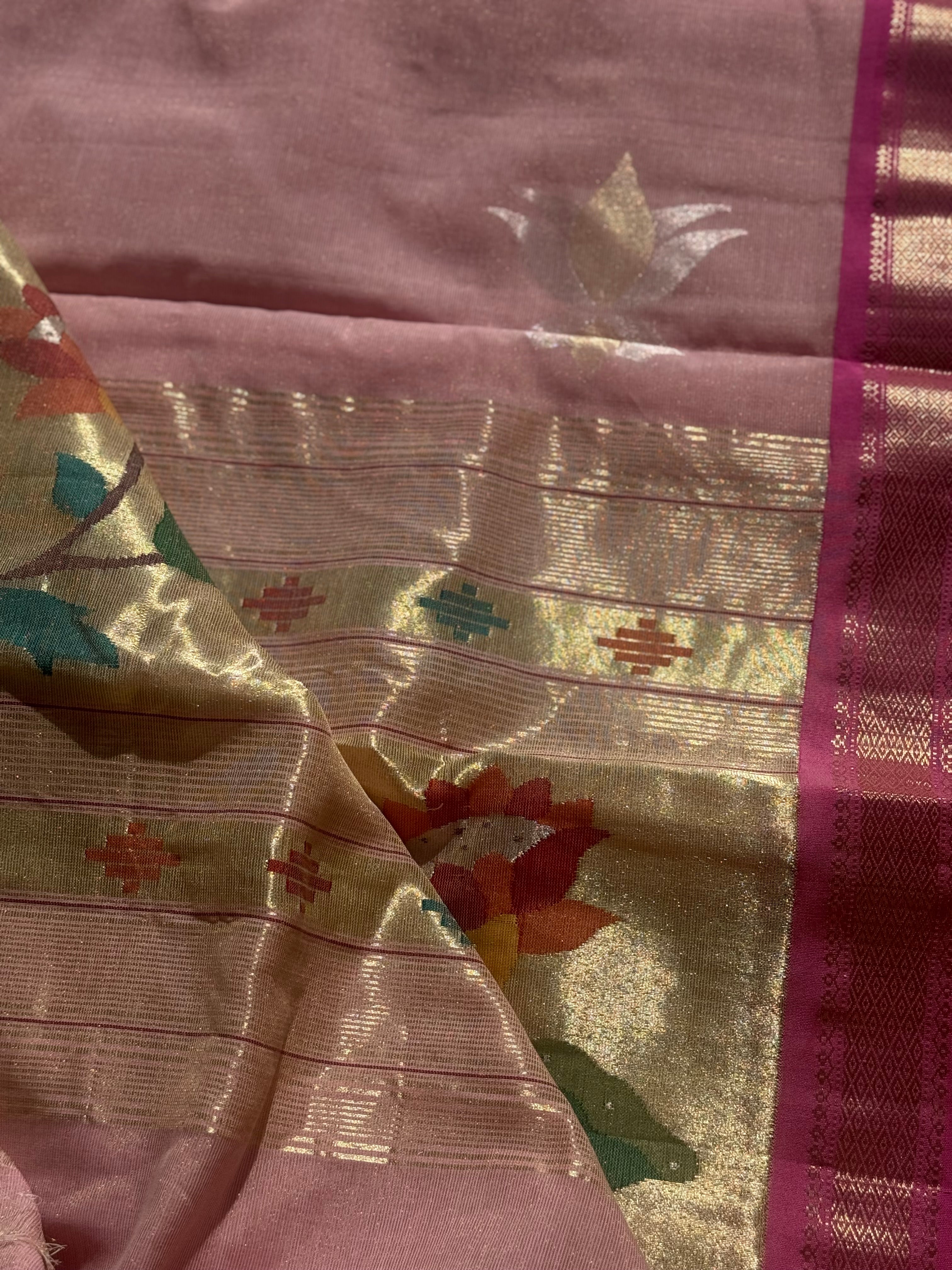 Baby Pink Paithani Cotton Saree With Zaristripes Body Tissue Paithani Pallu kadiyal Border Saree