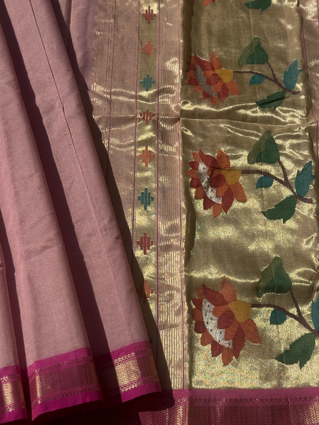 Baby Pink Paithani Cotton Saree With Zaristripes Body Tissue Paithani Pallu kadiyal Border Saree