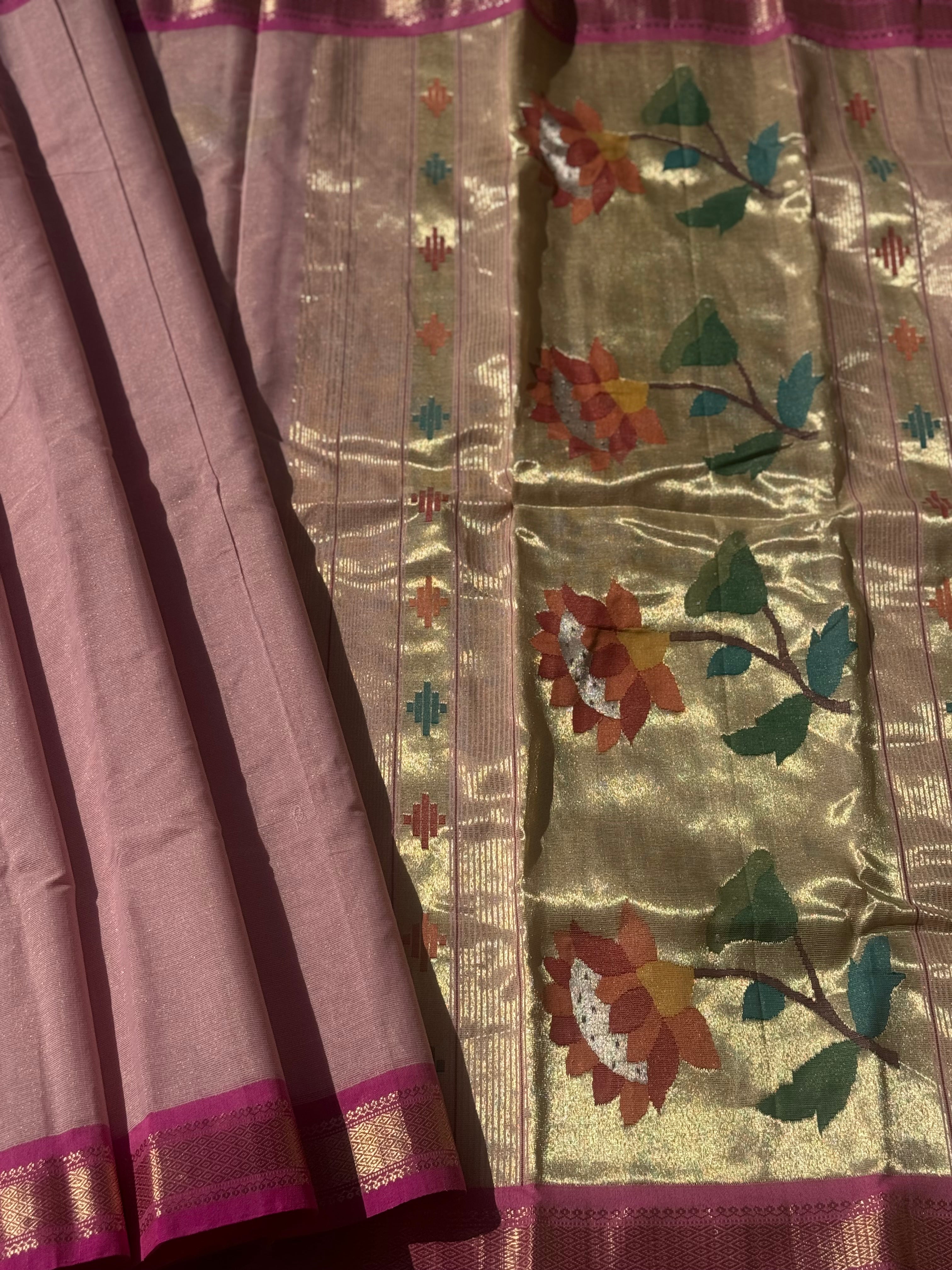 Baby Pink Paithani Cotton Saree With Zaristripes Body Tissue Paithani Pallu kadiyal Border Saree