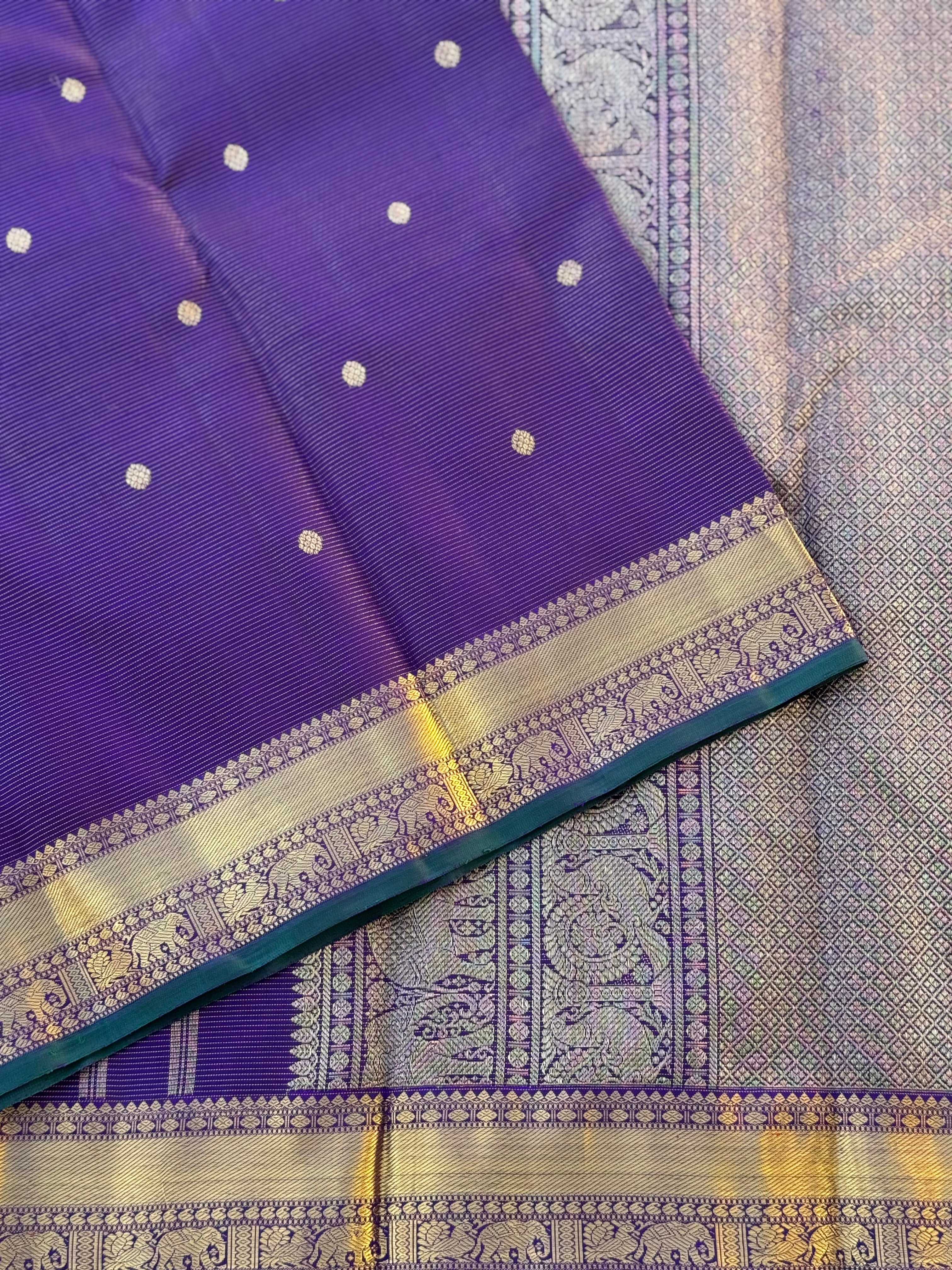 Gorgeous Purple Blue with green Selvedge Vairaoosi Kanchivaram Silk
