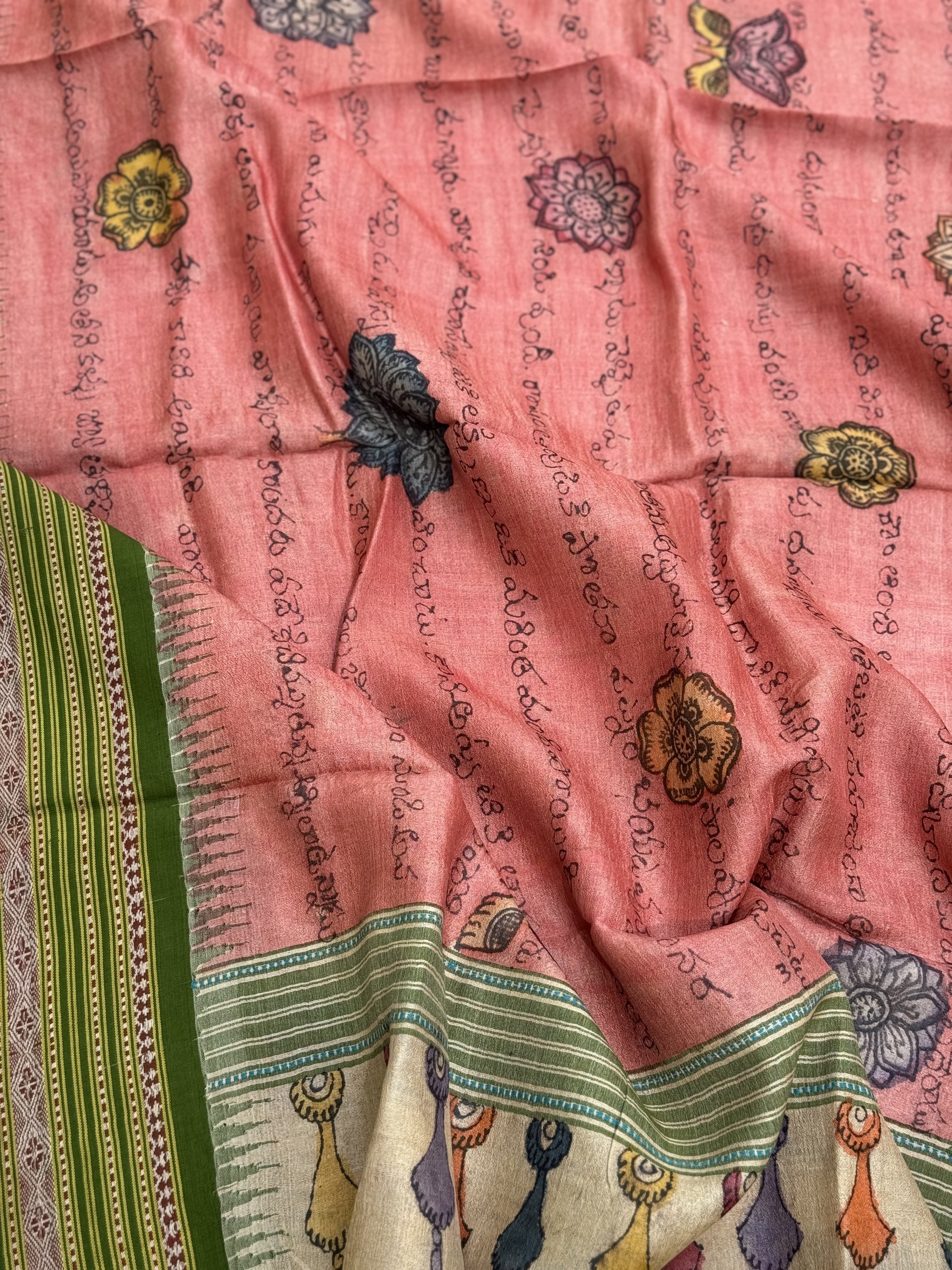 Handdrawn Handpainted Penkalamkari Dupatta on Karvati Kinar Tussar silk