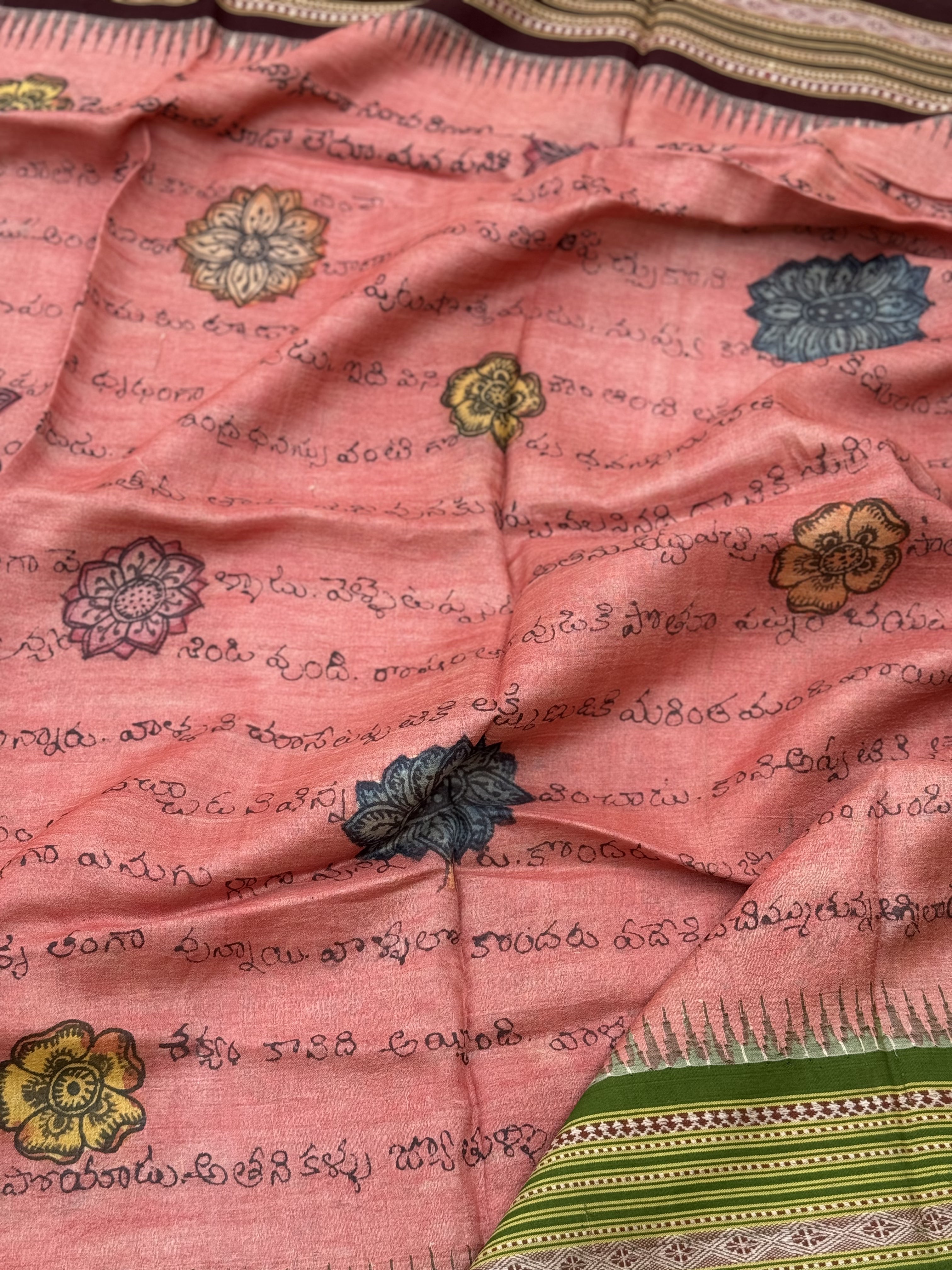 Handdrawn Handpainted Penkalamkari Dupatta on Karvati Kinar Tussar silk