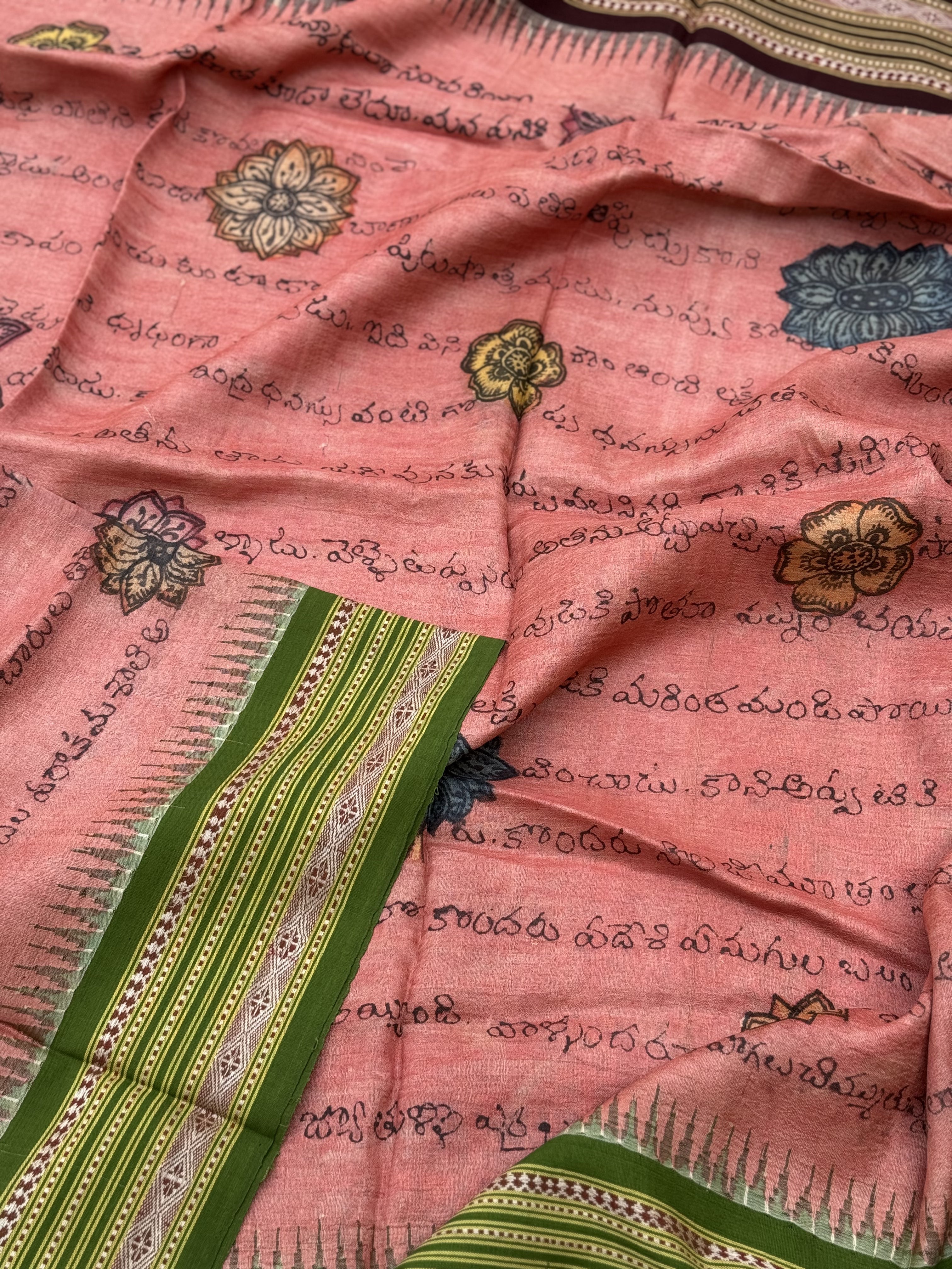 Handdrawn Handpainted Penkalamkari Dupatta on Karvati Kinar Tussar silk
