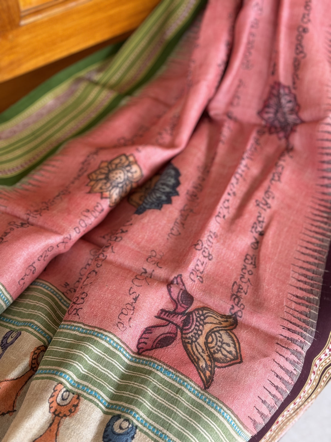 Handdrawn Handpainted Penkalamkari Dupatta on Karvati Kinar Tussar silk