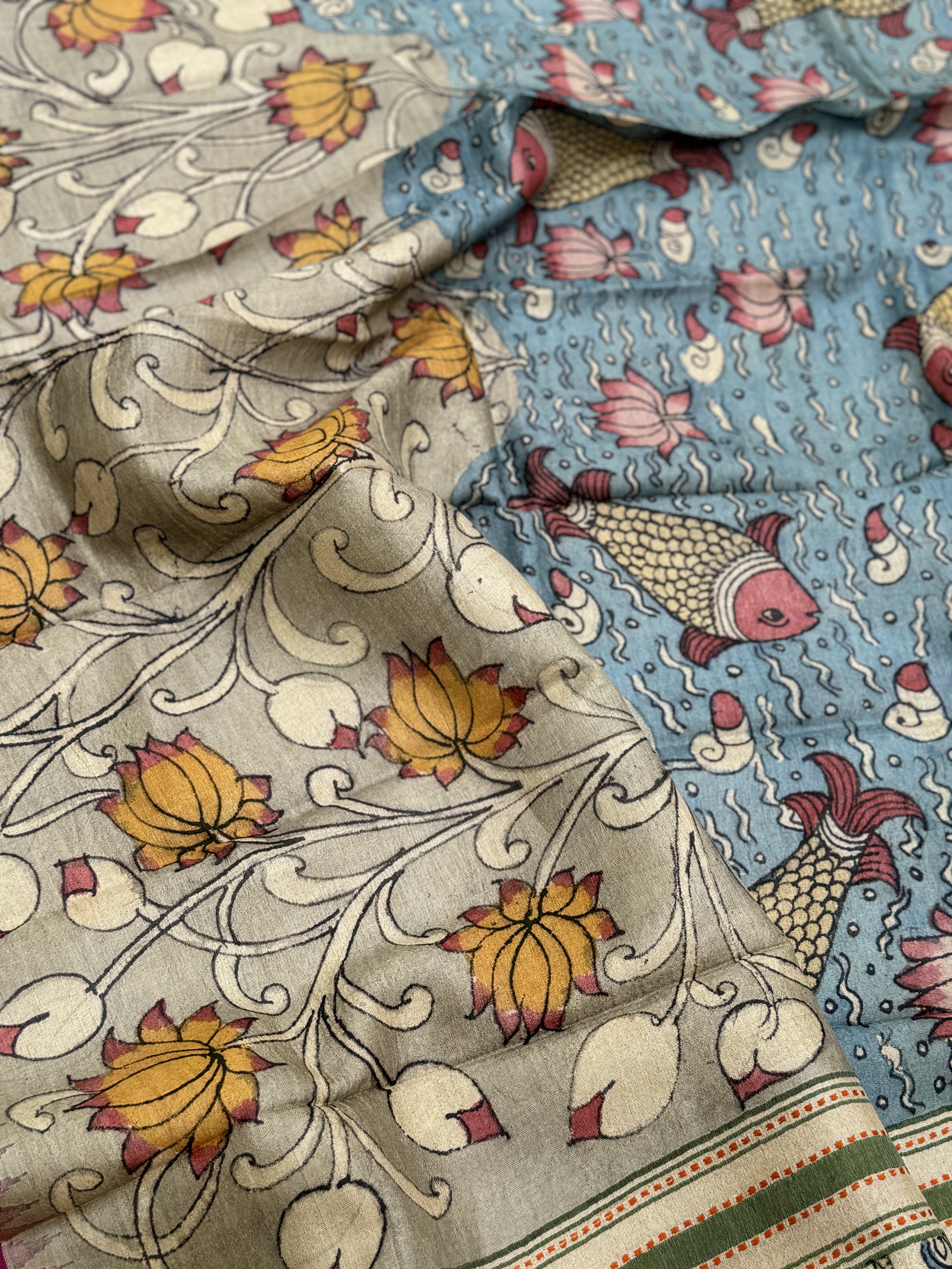 Handdrawn Handpainted Penkalamkari Dupatta on Karvati Kinar Tussar silk