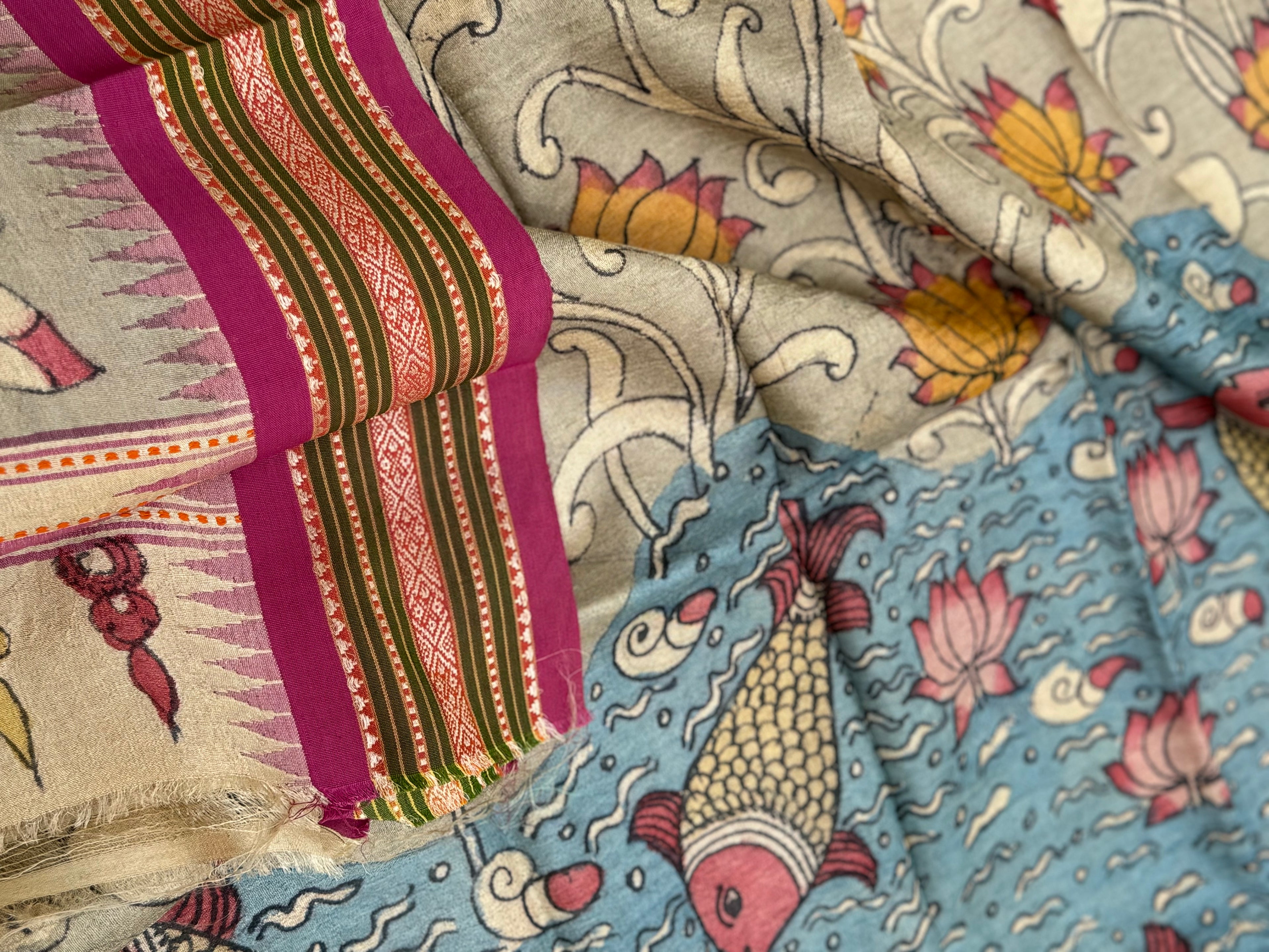 Handdrawn Handpainted Penkalamkari Dupatta on Karvati Kinar Tussar silk