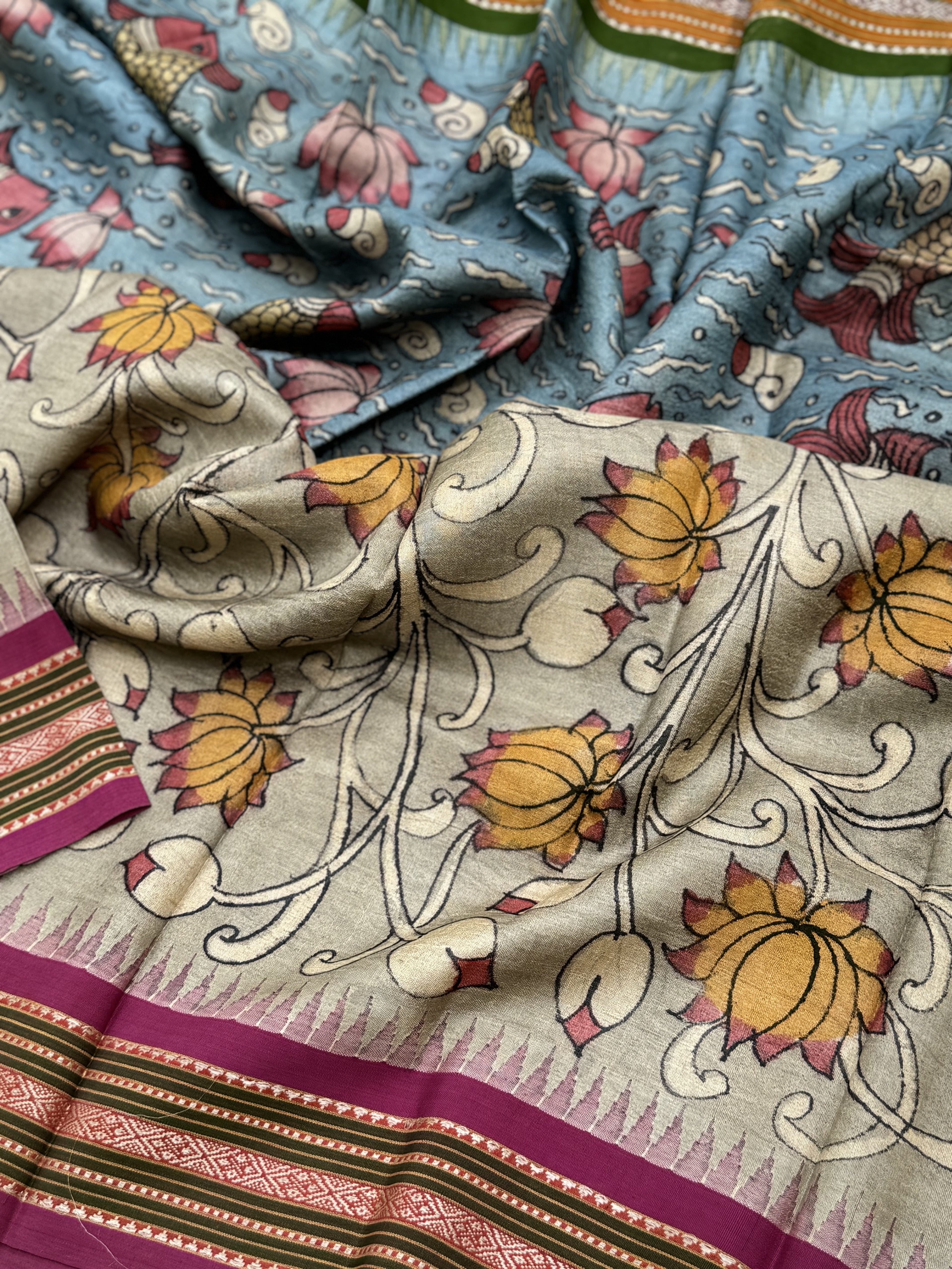 Handdrawn Handpainted Penkalamkari Dupatta on Karvati Kinar Tussar silk