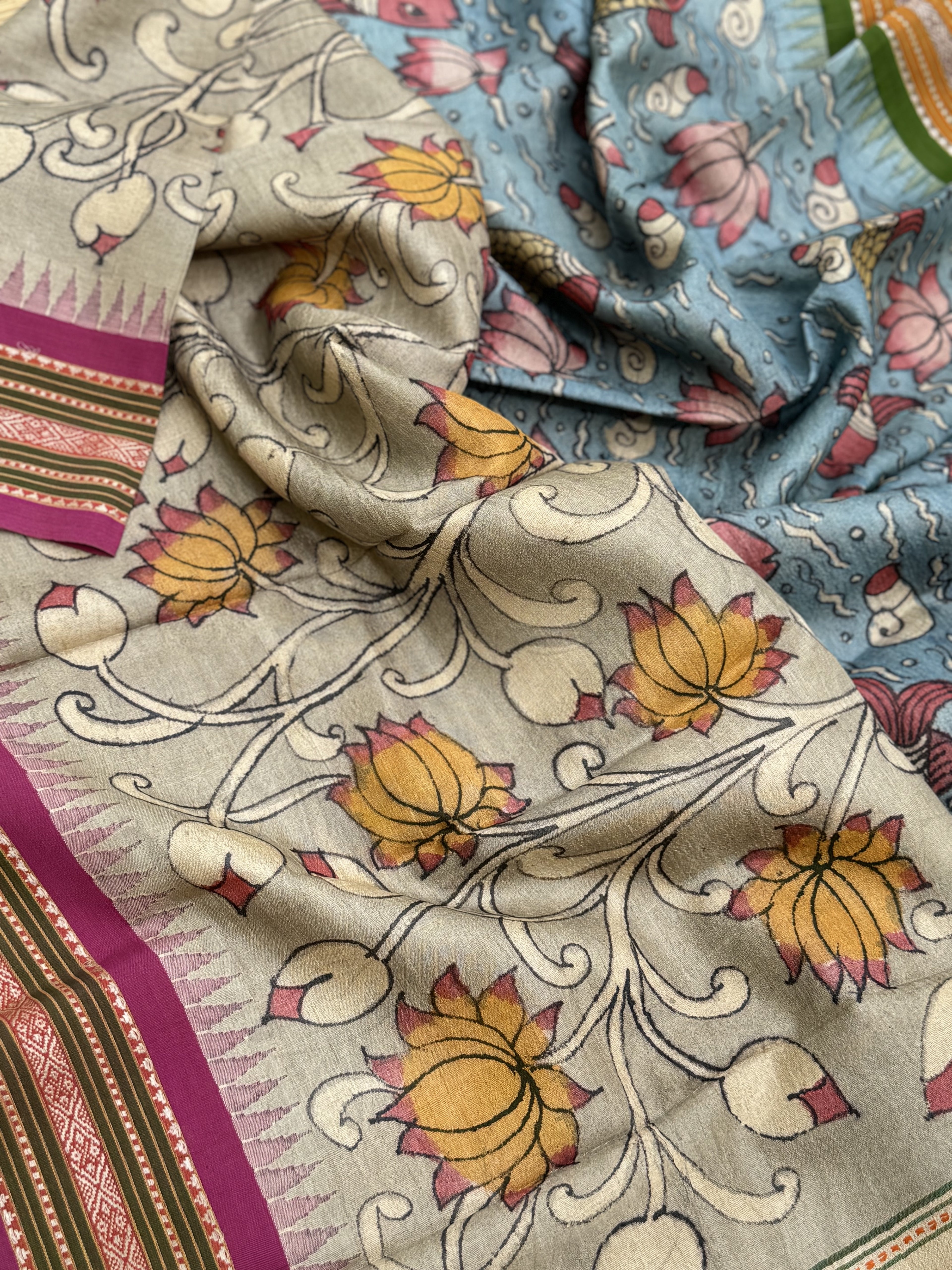 Handdrawn Handpainted Penkalamkari Dupatta on Karvati Kinar Tussar silk