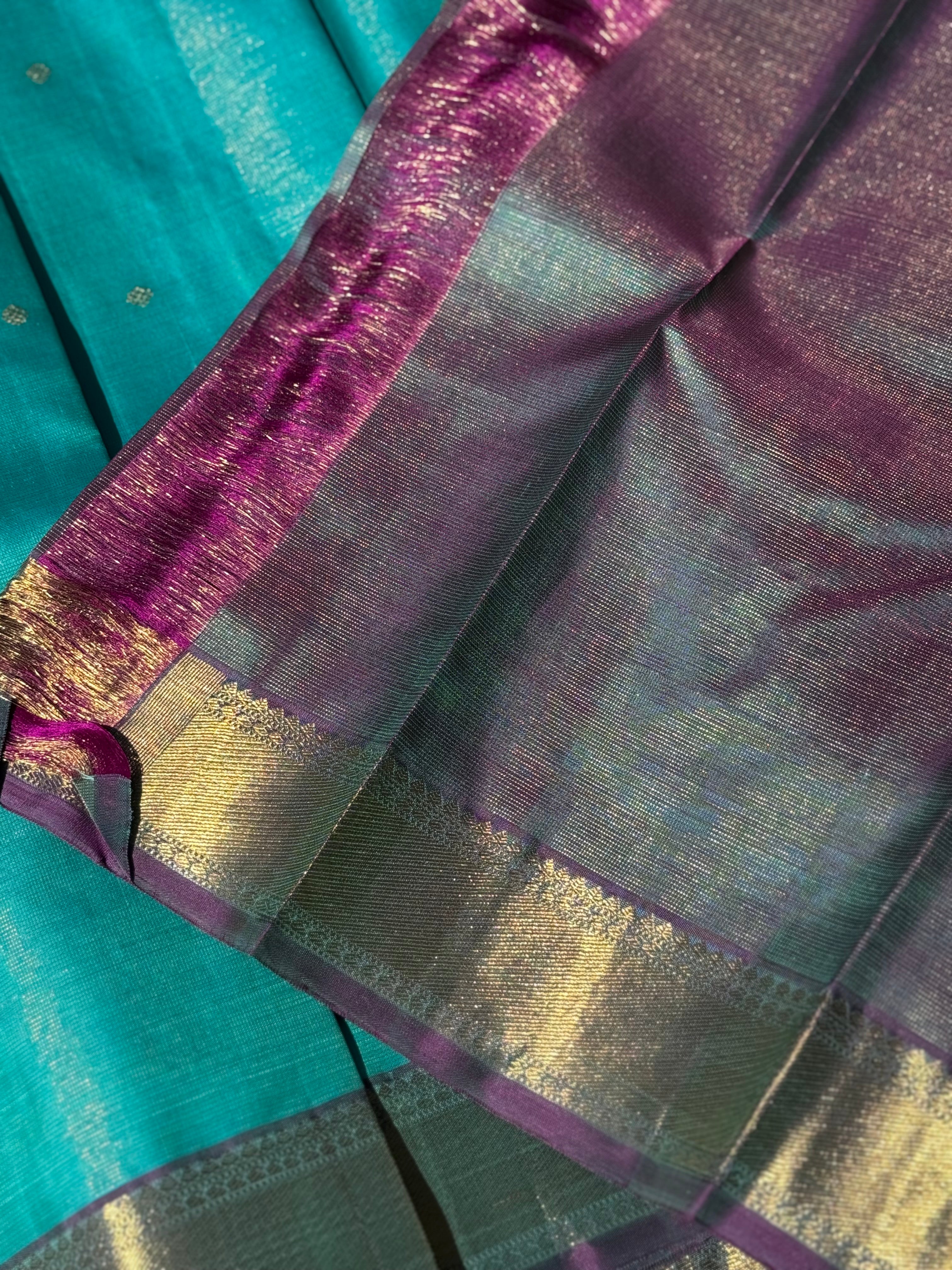 Gorgeous foam green with purple Selvedge Vairaoosi Kanchivaram Silk