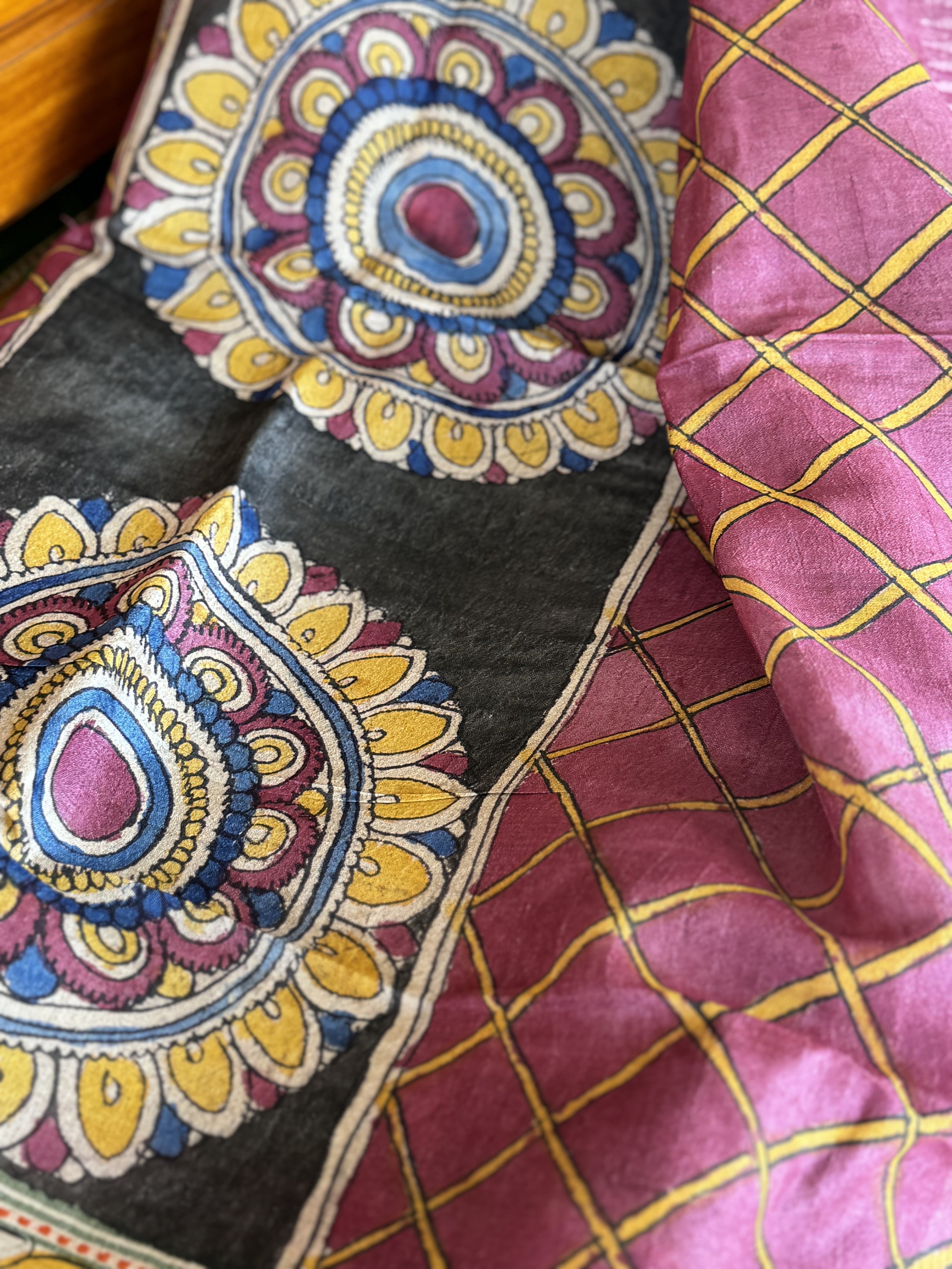 Handdrawn Handpainted Penkalamkari Dupatta on Karvati Kinar Tussar silk