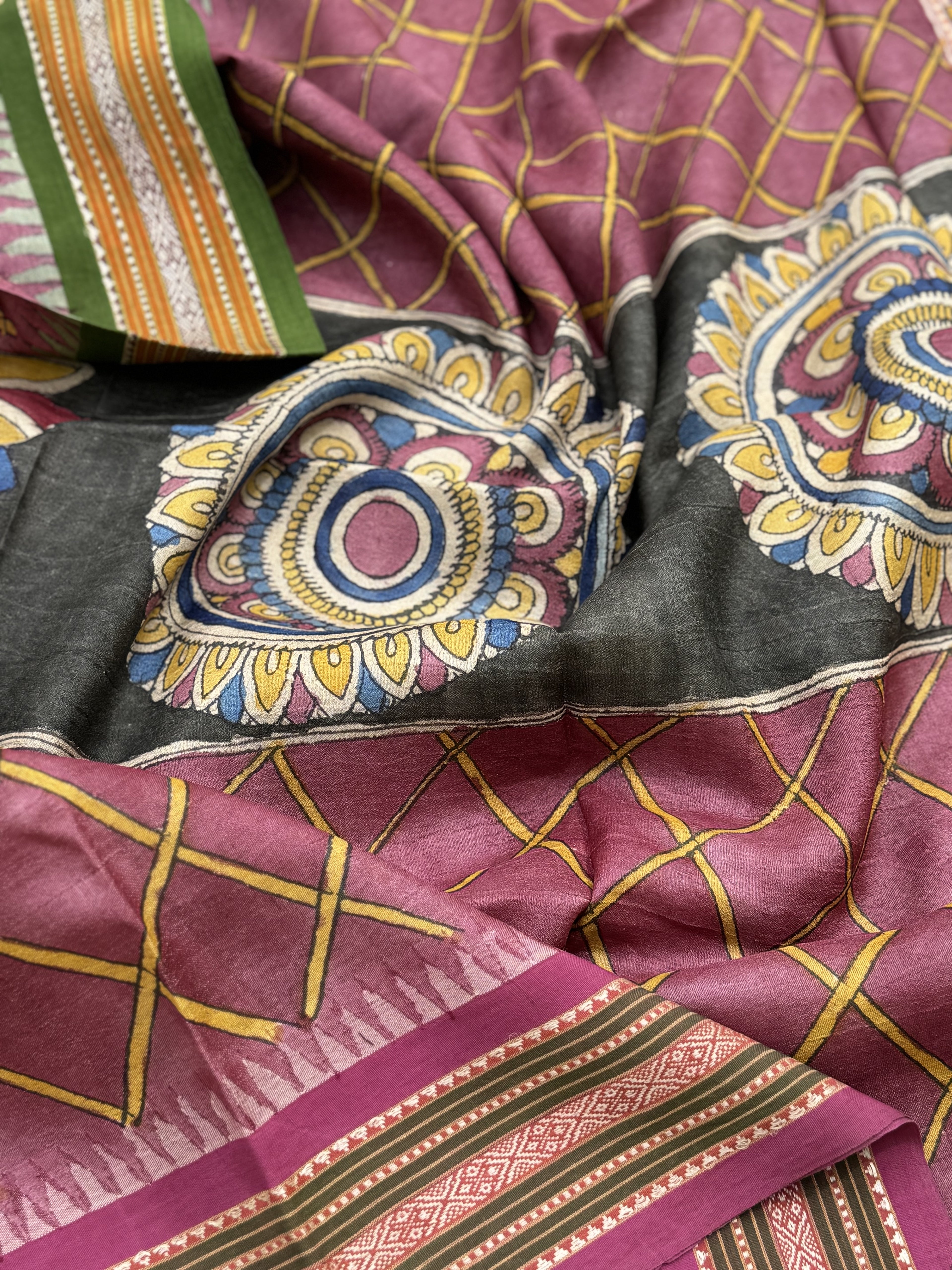 Handdrawn Handpainted Penkalamkari Dupatta on Karvati Kinar Tussar silk