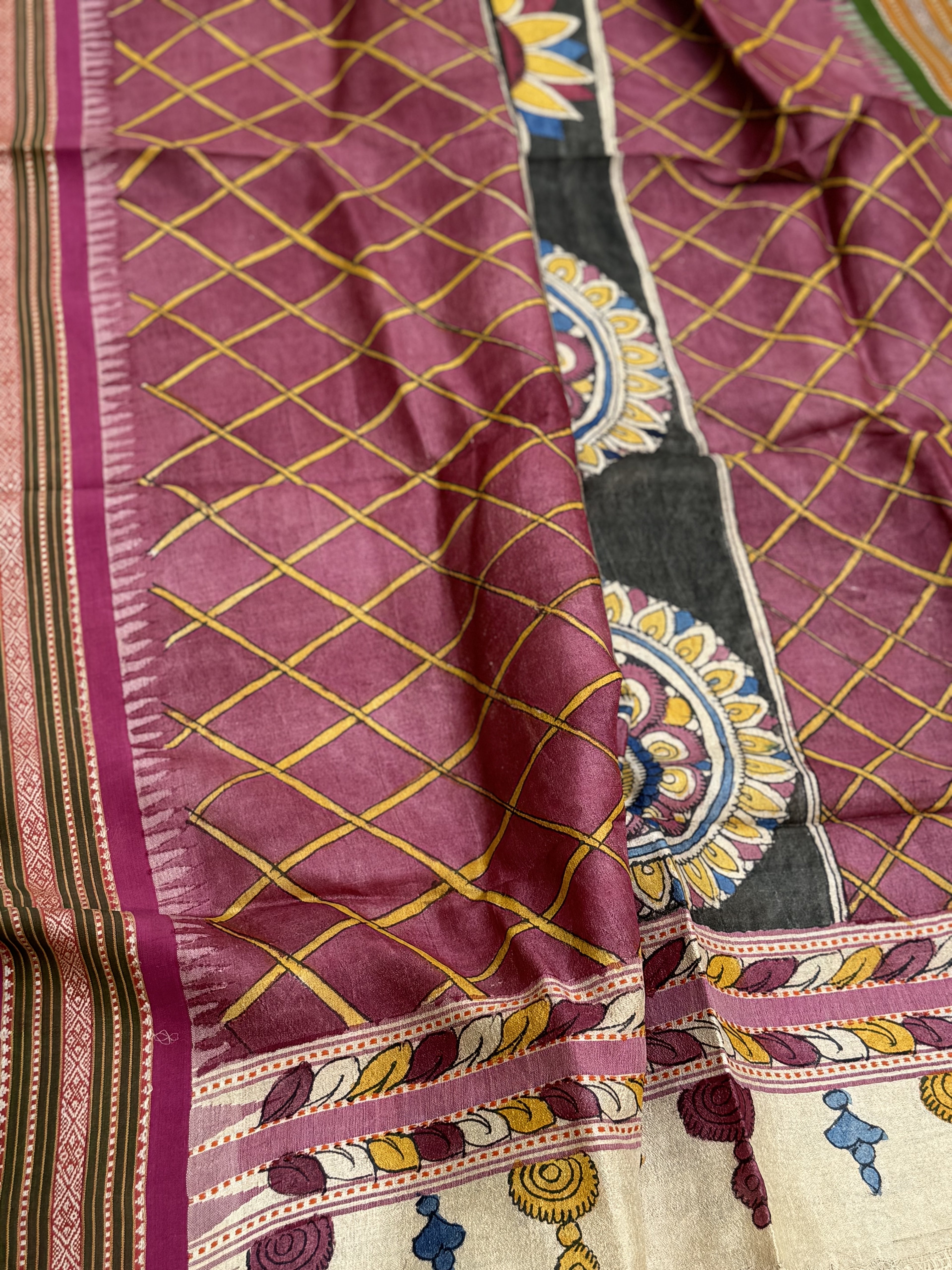 Handdrawn Handpainted Penkalamkari Dupatta on Karvati Kinar Tussar silk