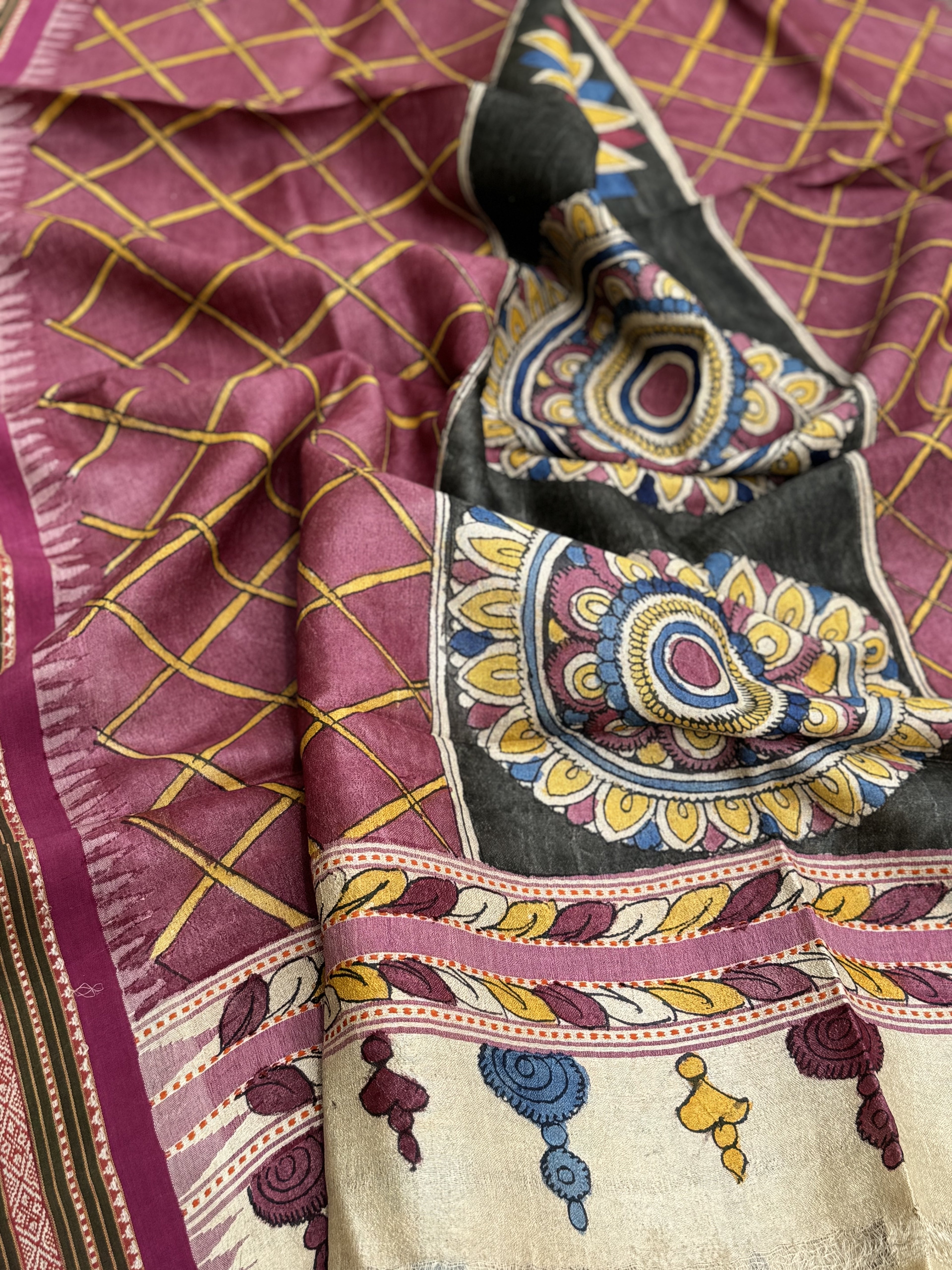 Handdrawn Handpainted Penkalamkari Dupatta on Karvati Kinar Tussar silk