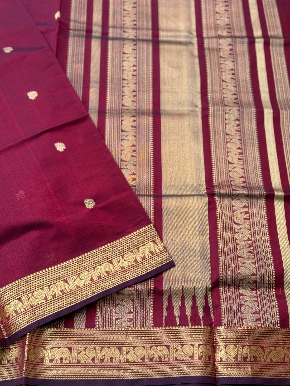 A beautiful burgundy shade kanchi silk cotton saree