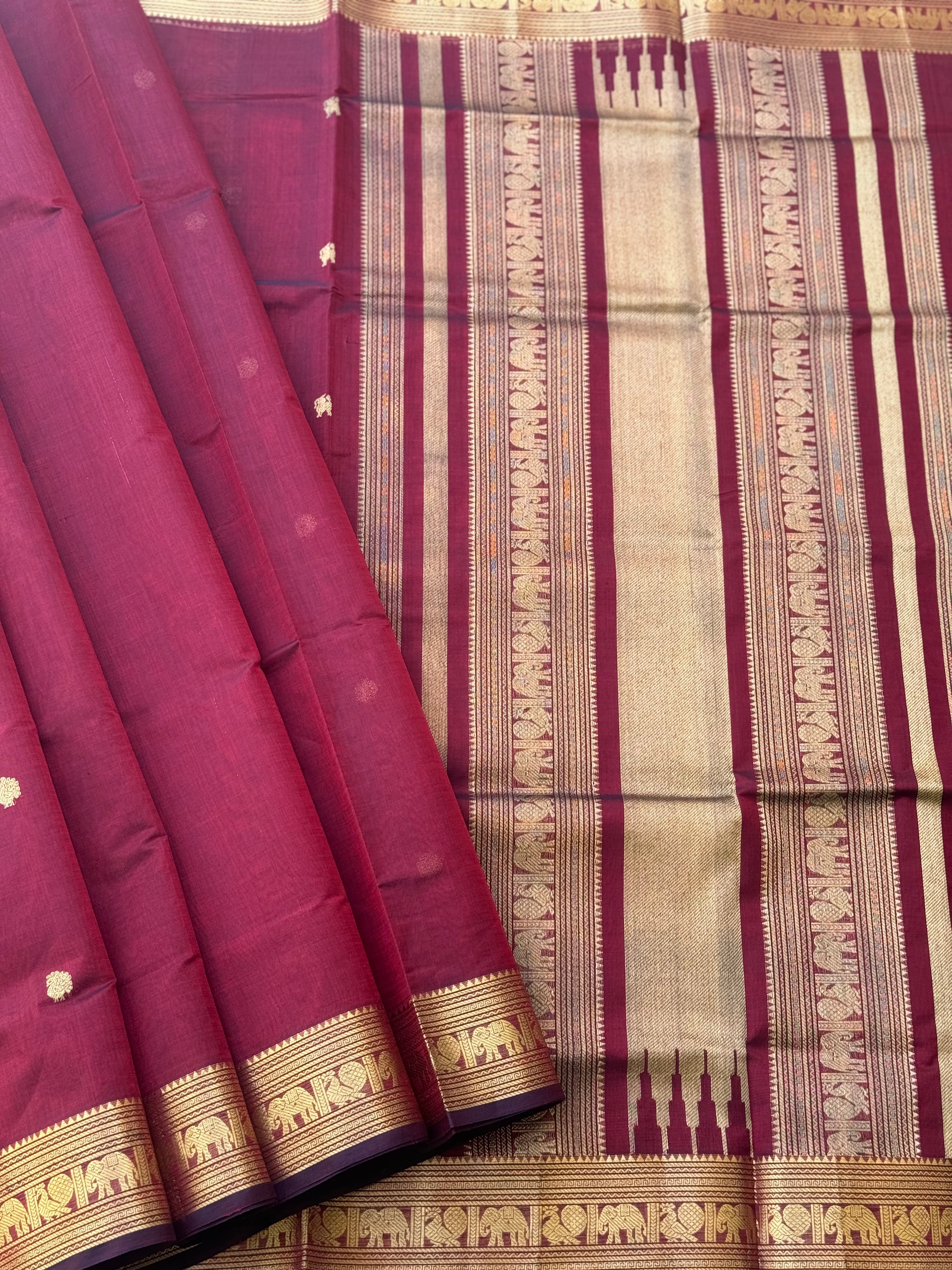 A beautiful burgundy shade kanchi silk cotton saree