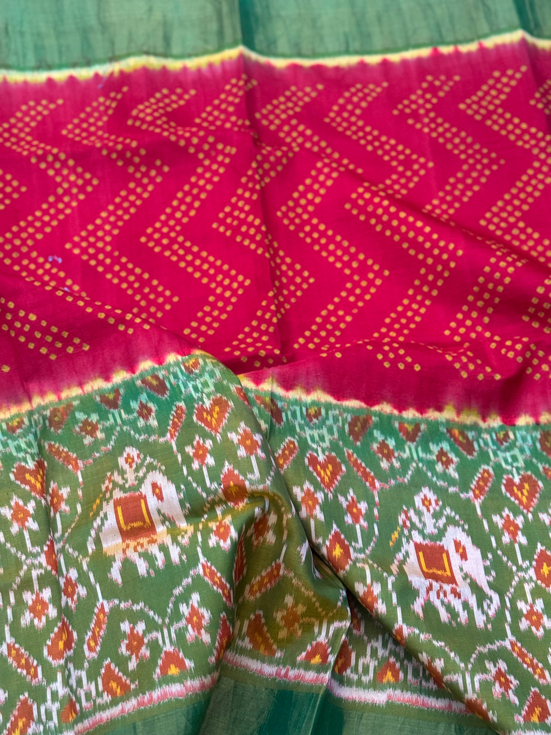 Tie and dye Rai Bhandej ikkat Patola silk saree in red with moss Green