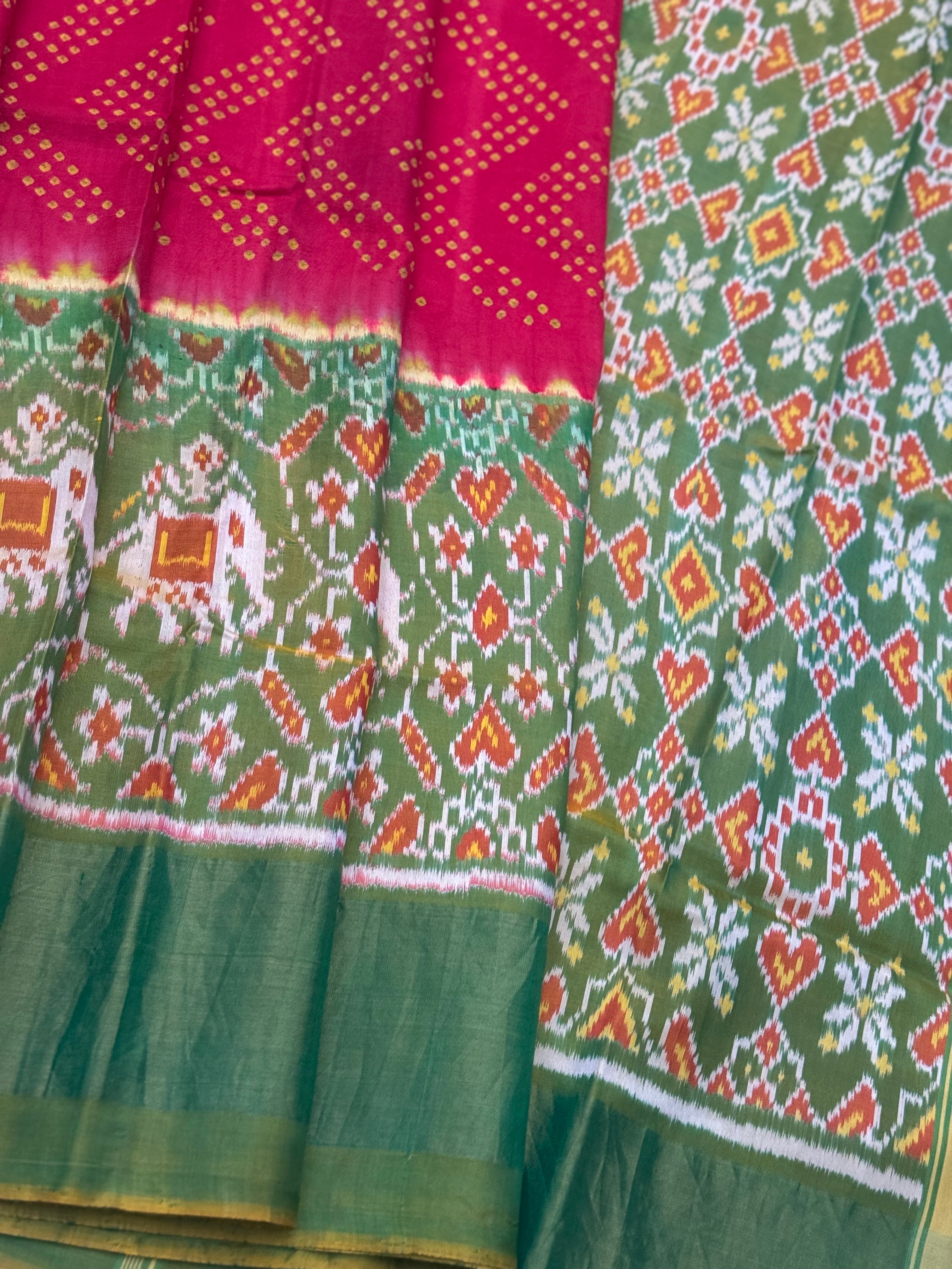 Tie and dye Rai Bhandej ikkat Patola silk saree in red with moss Green
