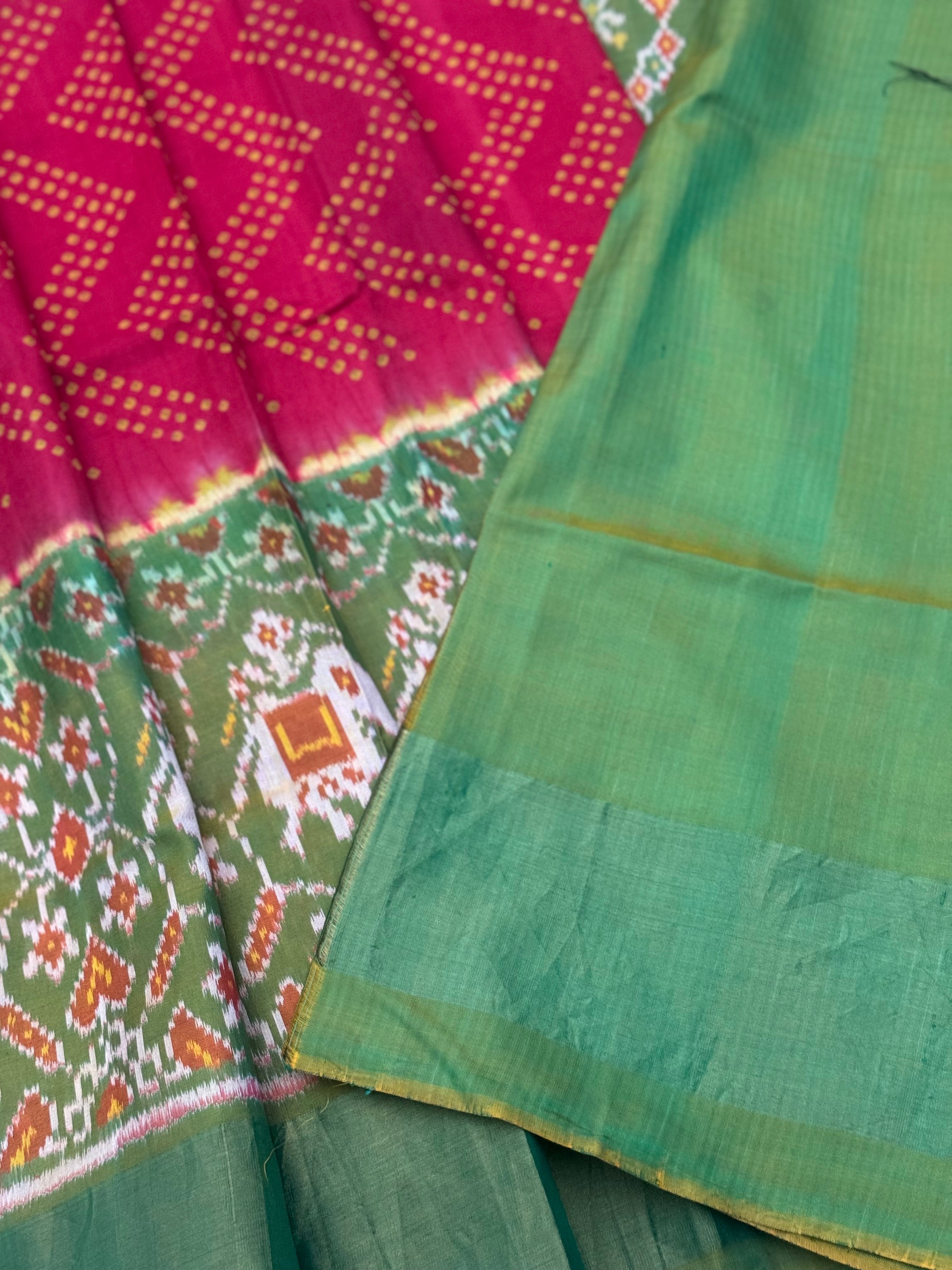 Tie and dye Rai Bhandej ikkat Patola silk saree in red with moss Green