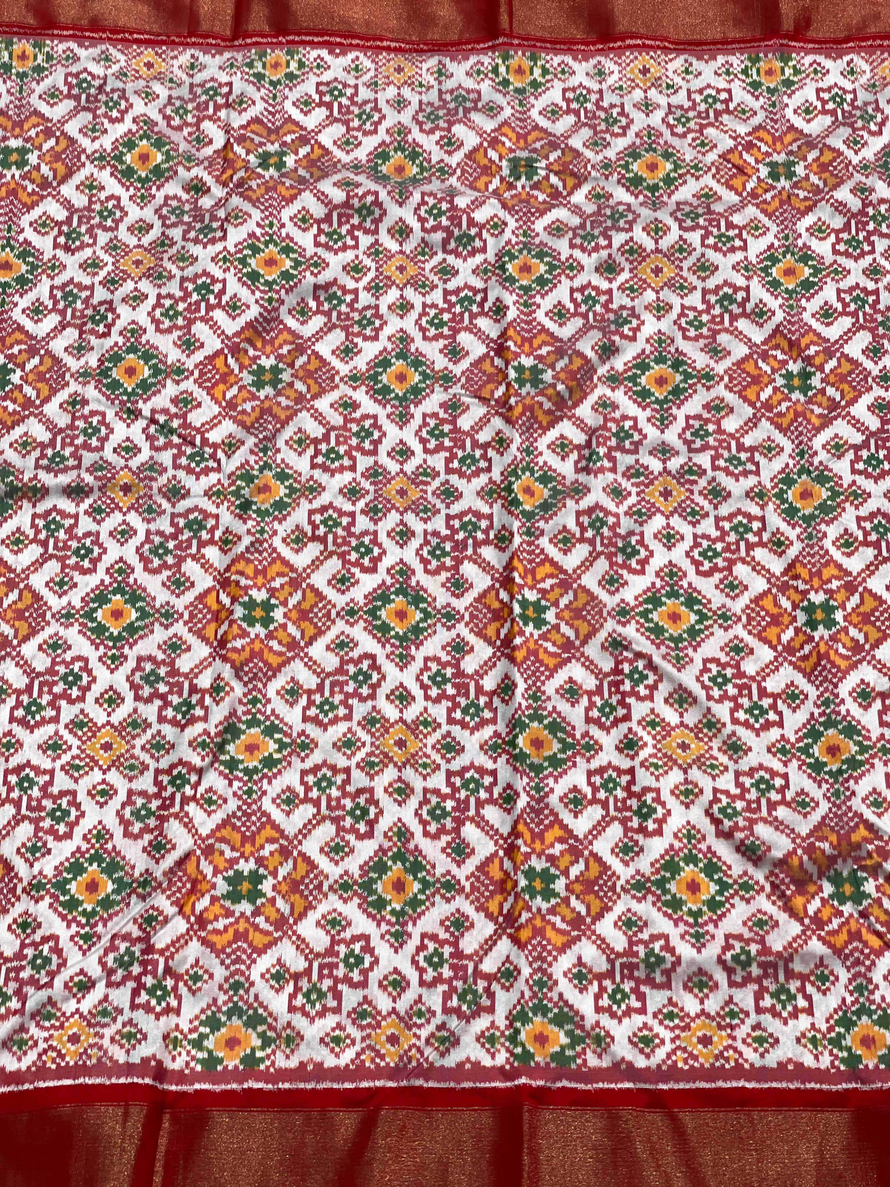 Pure Mulberry Silk Offwhite Patola Inspired Navrathan Tie dyed Ikkat Yardage