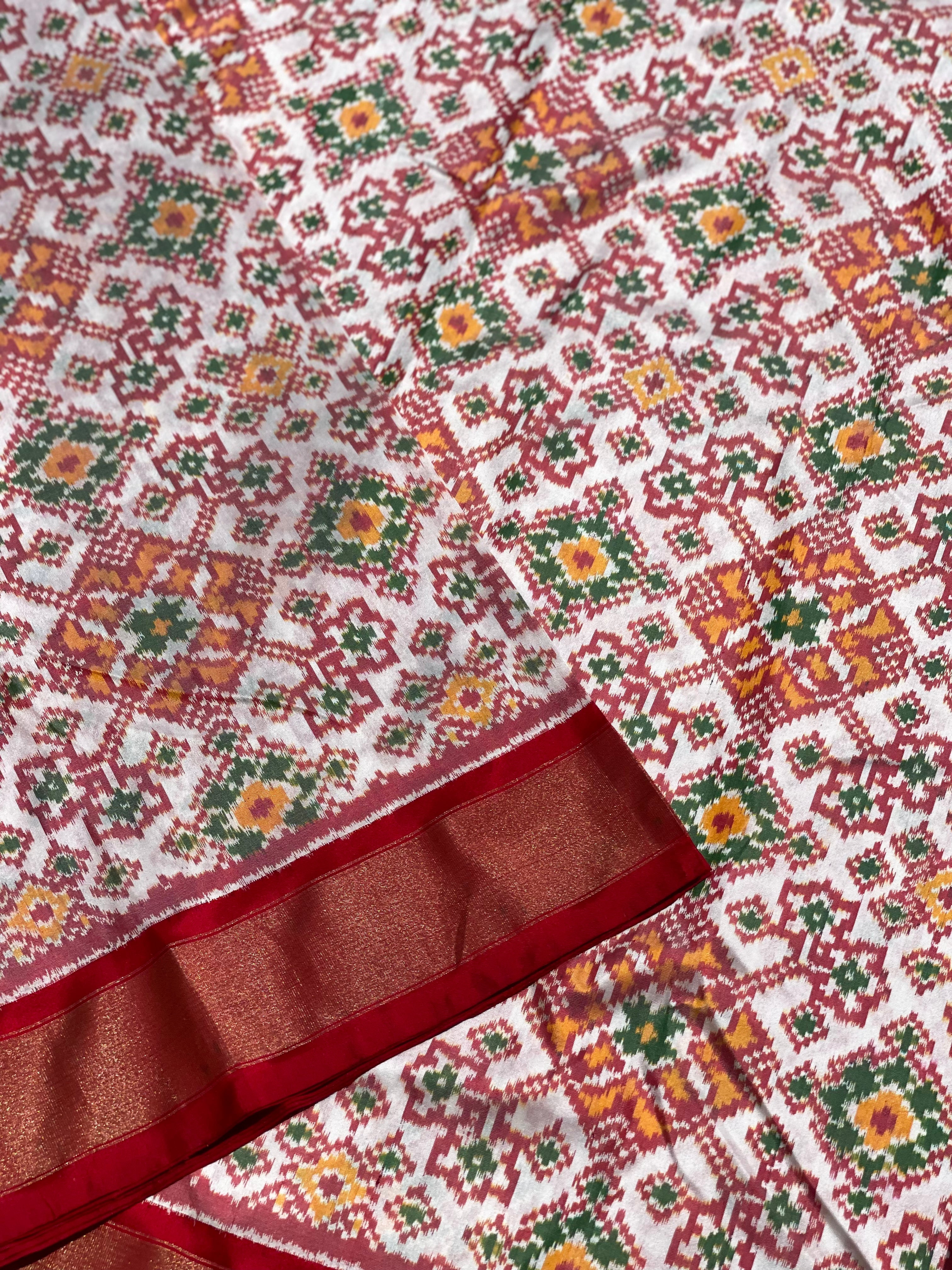Pure Mulberry Silk Offwhite Patola Inspired Navrathan Tie dyed Ikkat Yardage