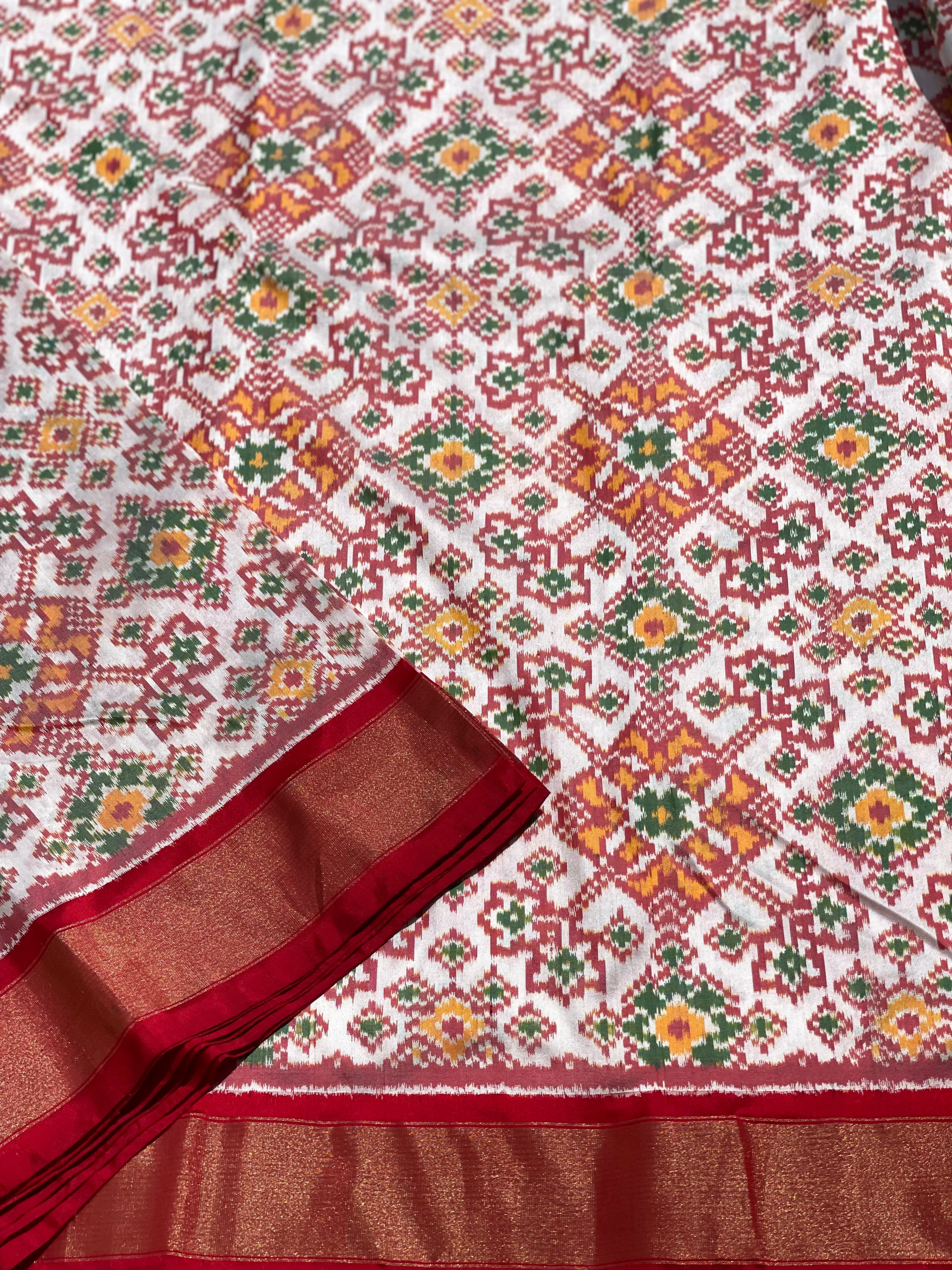 Pure Mulberry Silk Offwhite Patola Inspired Navrathan Tie dyed Ikkat Yardage