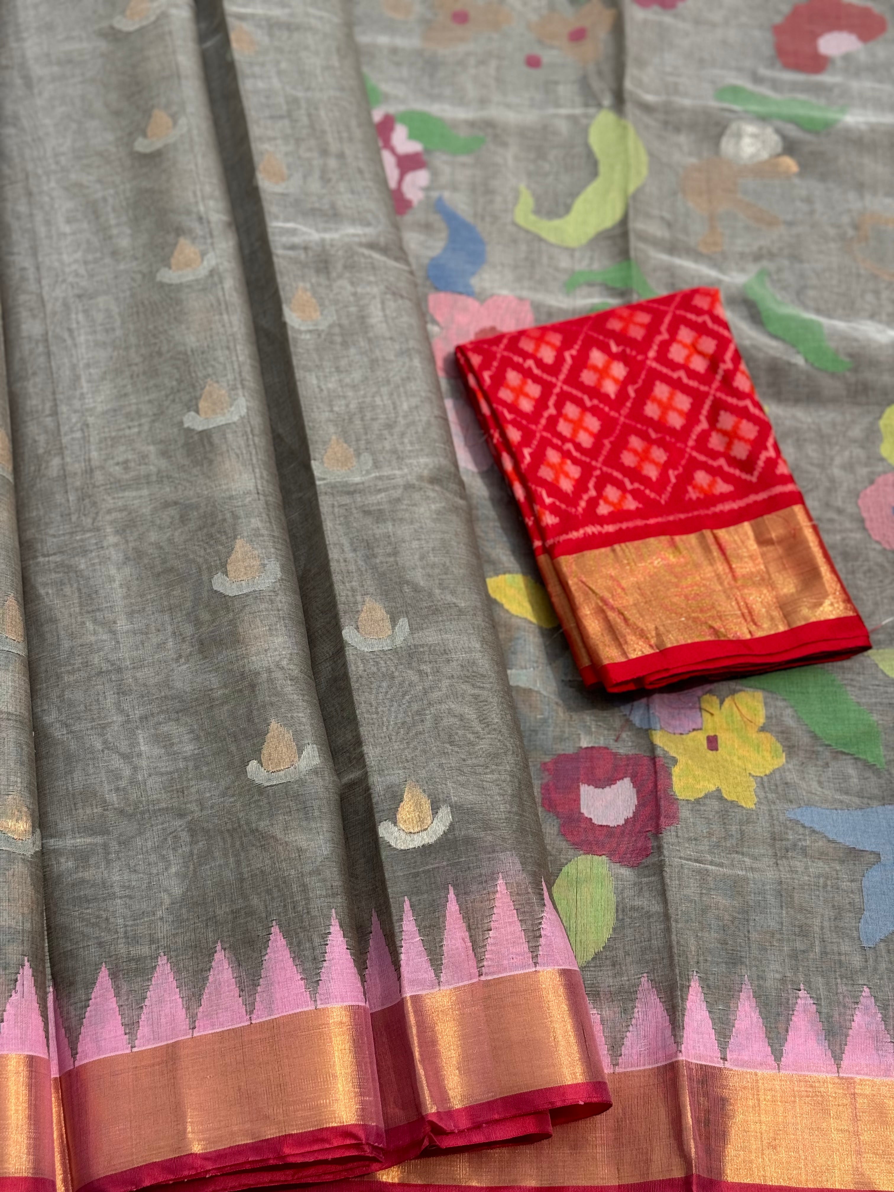 Grey with red Handspun Ponduru Khadi cotton saree pallu and blouse full jaal jamdani saree