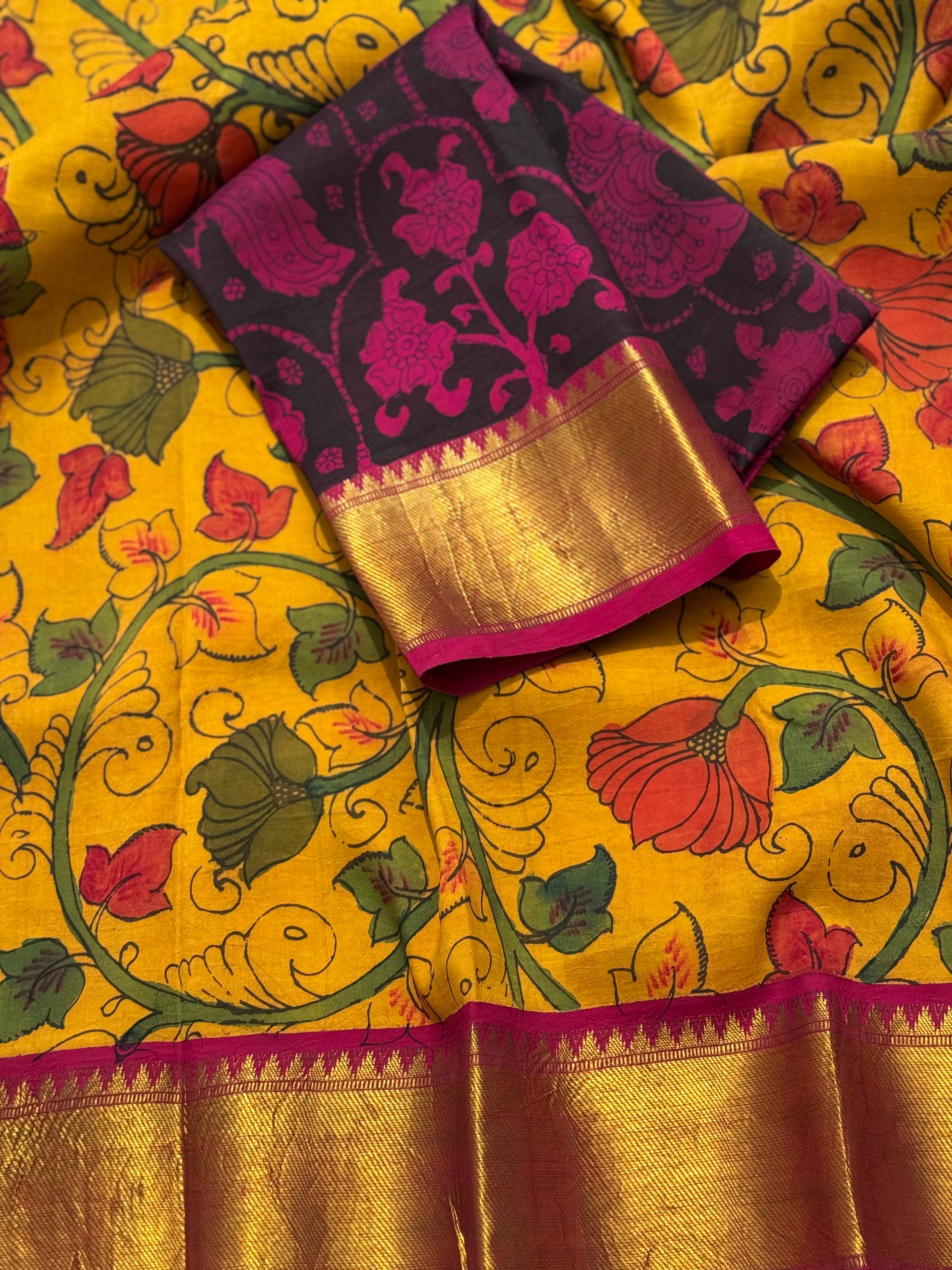 Complete Hand Drawn And Hand Painted Penkalamkari In korvai Kanchivaram Silk Saree