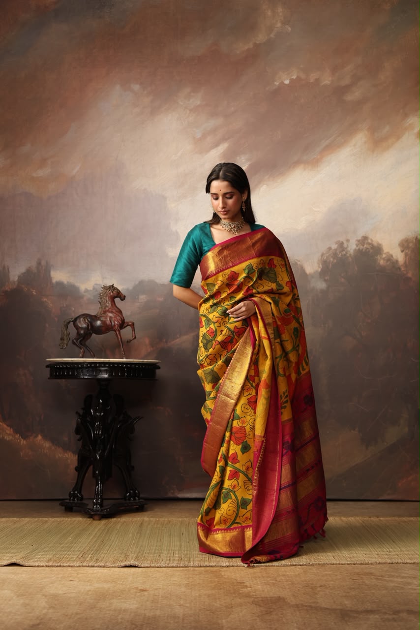 Complete Hand Drawn And Hand Painted Penkalamkari In korvai Kanchivaram Silk Saree