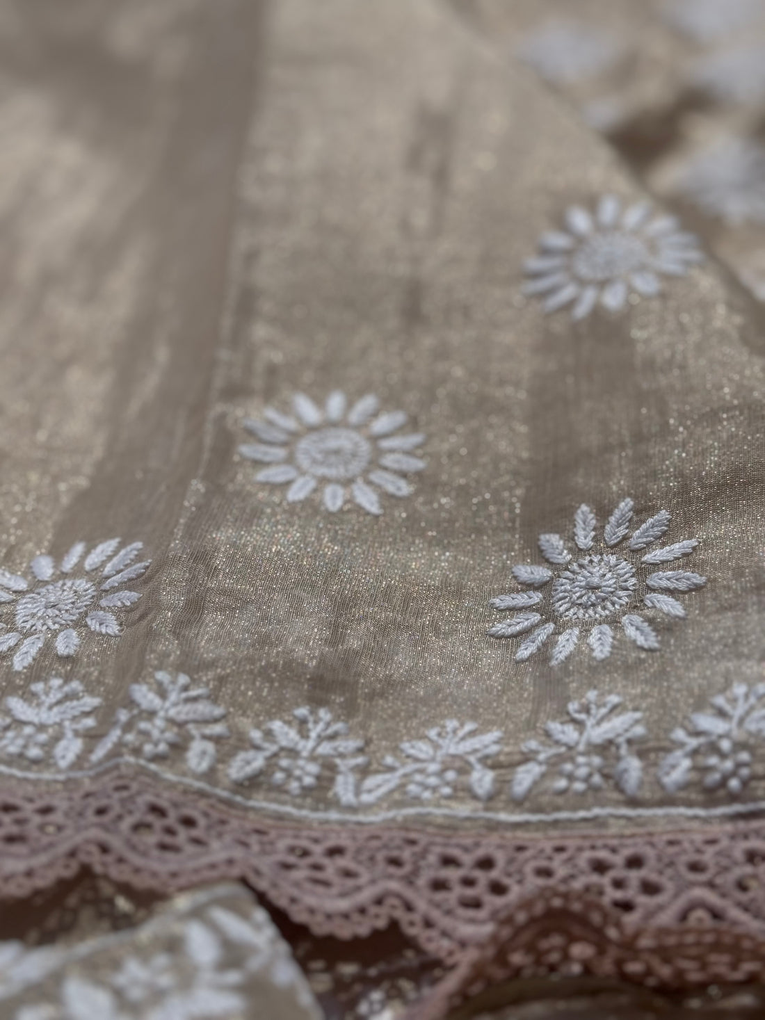 A stunner and exclusive designer collective all over Chikankari work on handwoven tissue silk