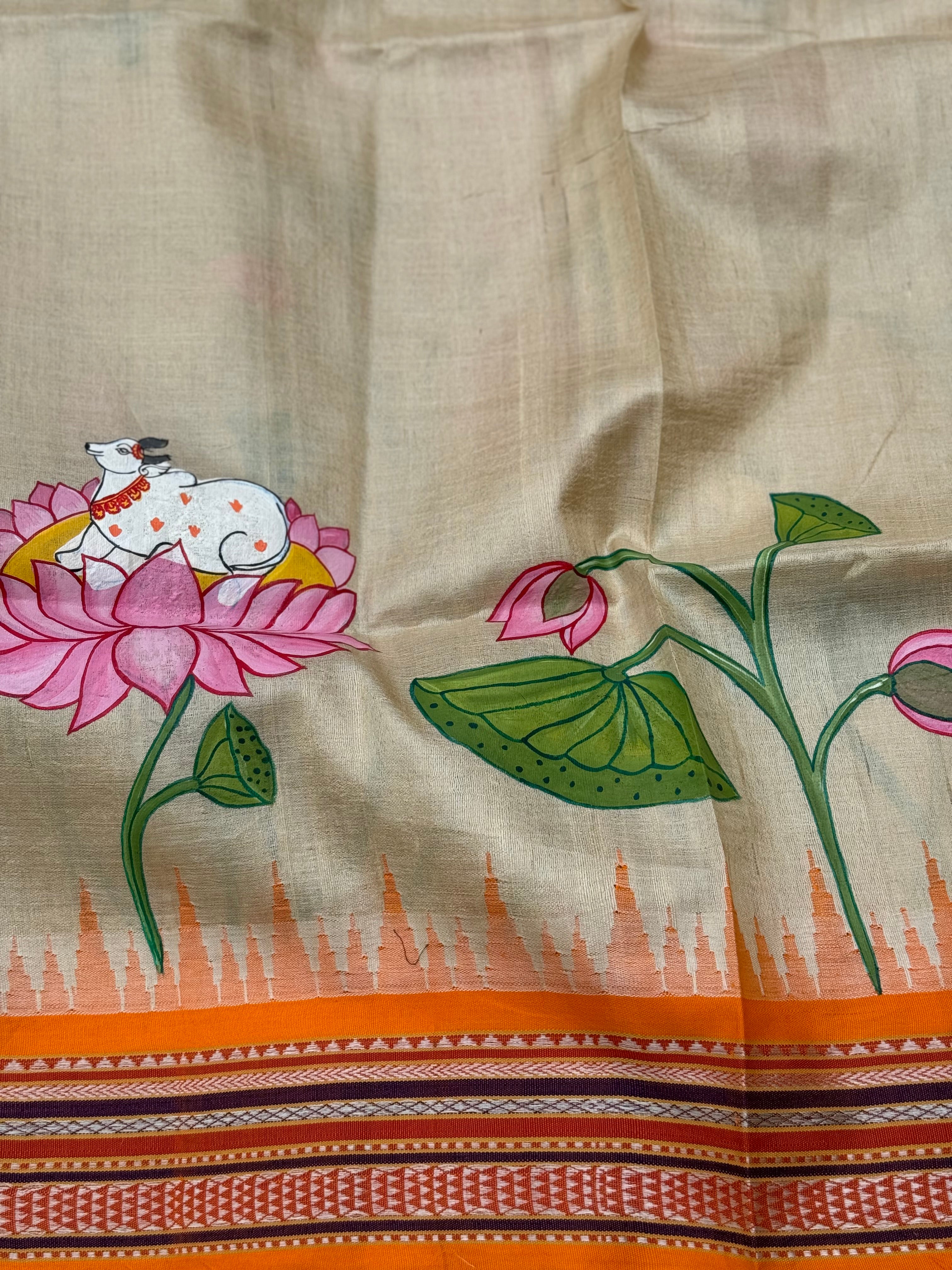 Madhubani pichwai folk art on Vidarbha tussar silk saree with Karvati kinar border