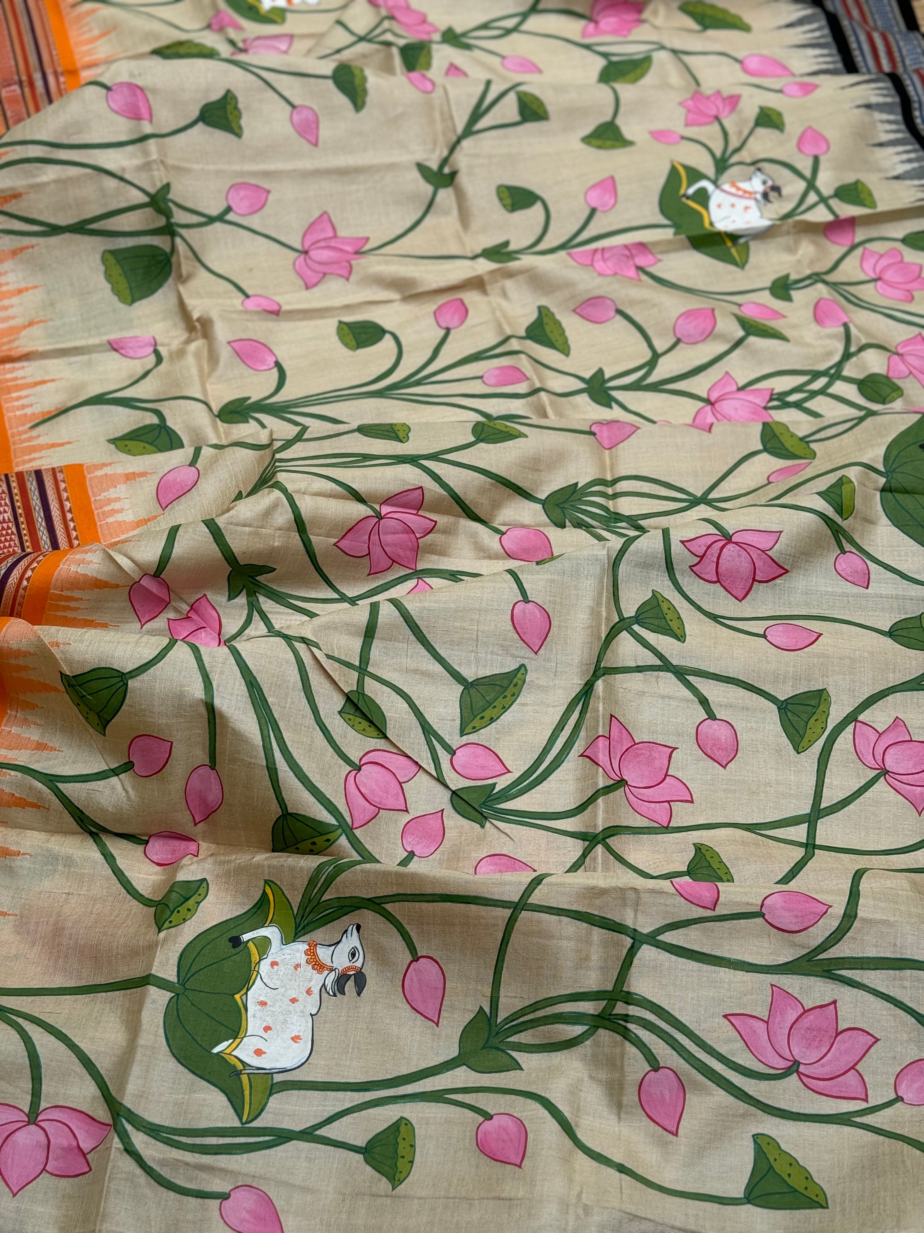 Madhubani pichwai folk art on Vidarbha tussar silk saree with Karvati kinar border