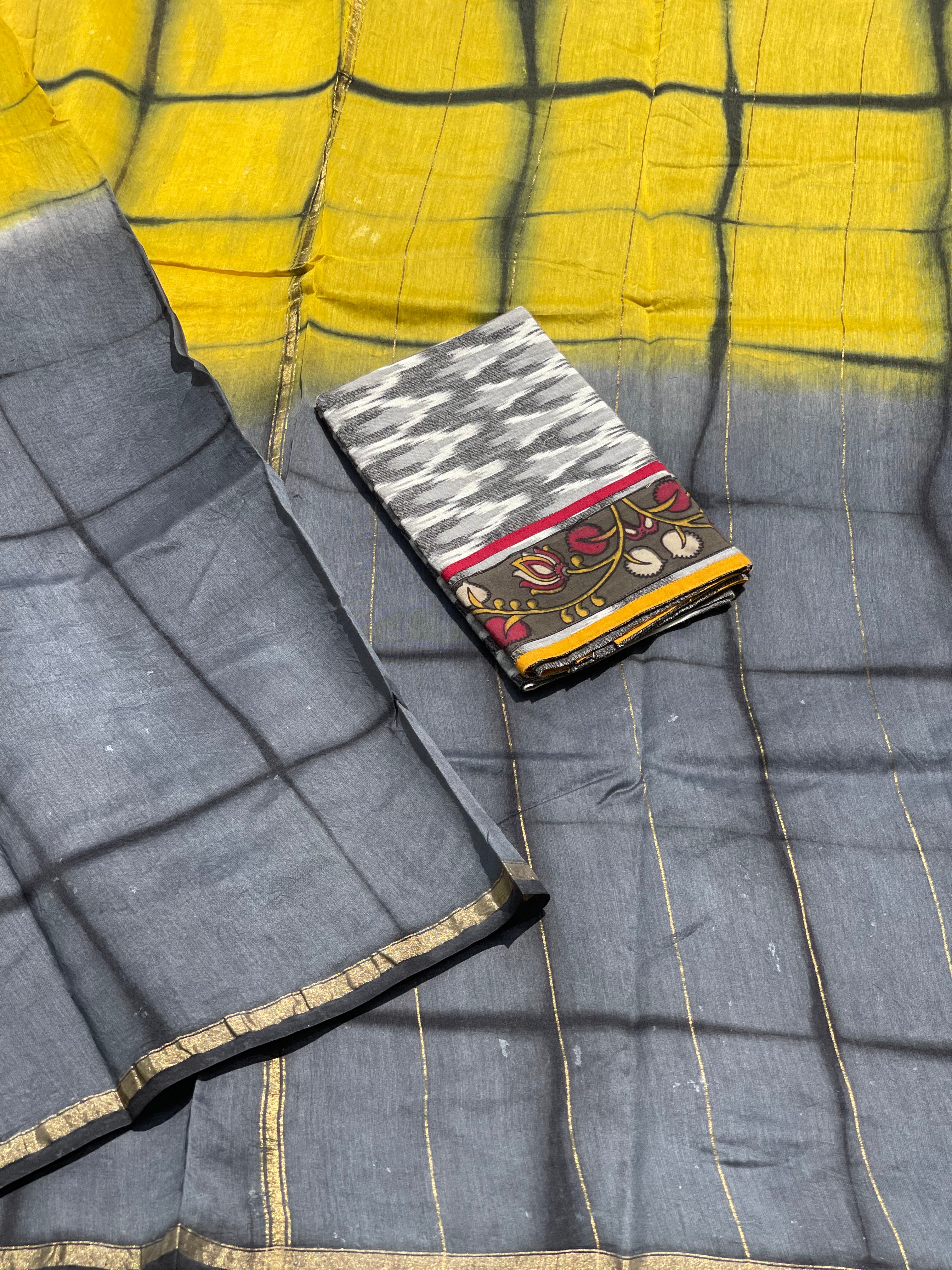 Chanderi Silk cotton hand block printed saree with striped zari border