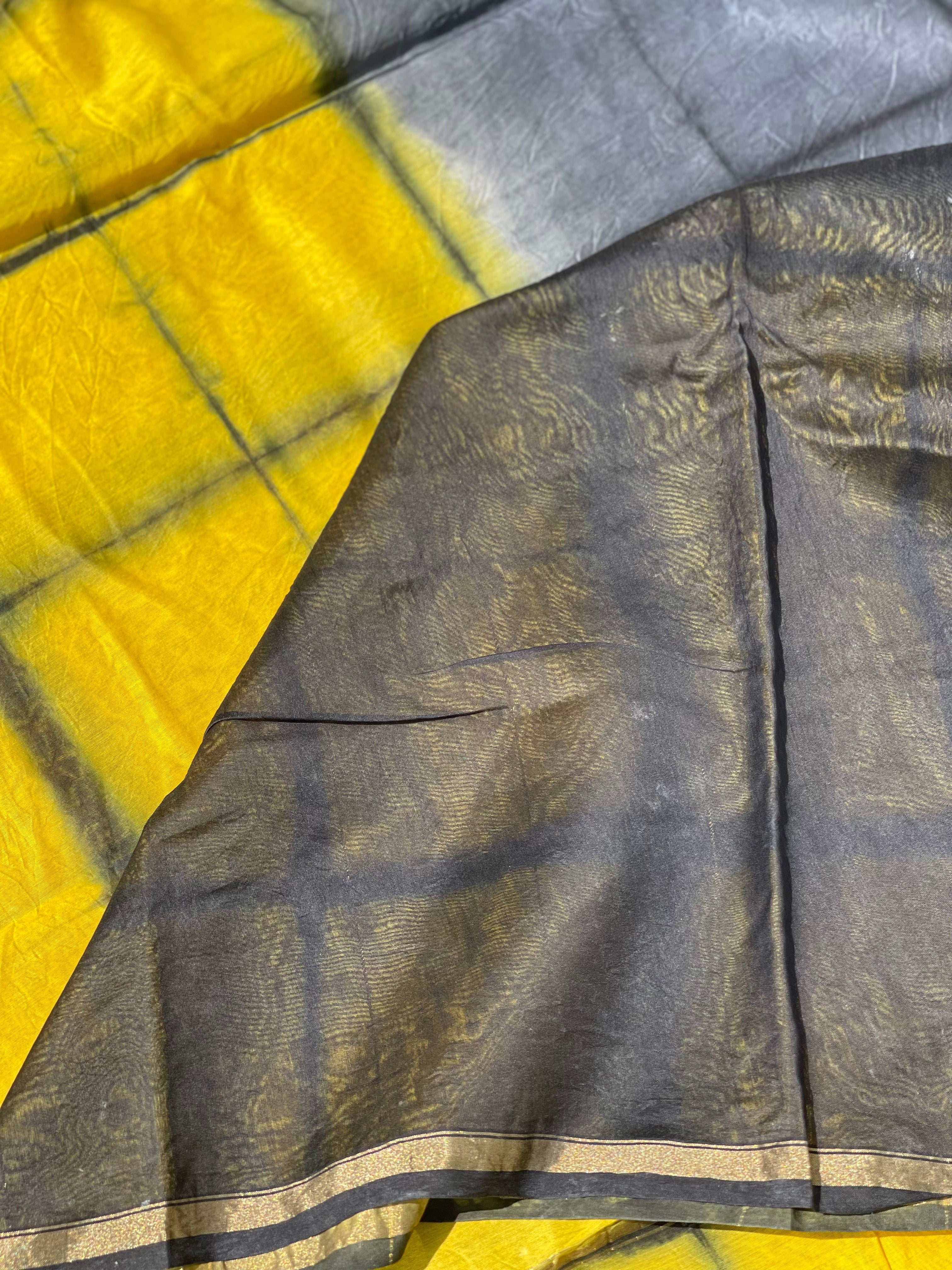 Chanderi Silk cotton hand block printed saree with striped zari border