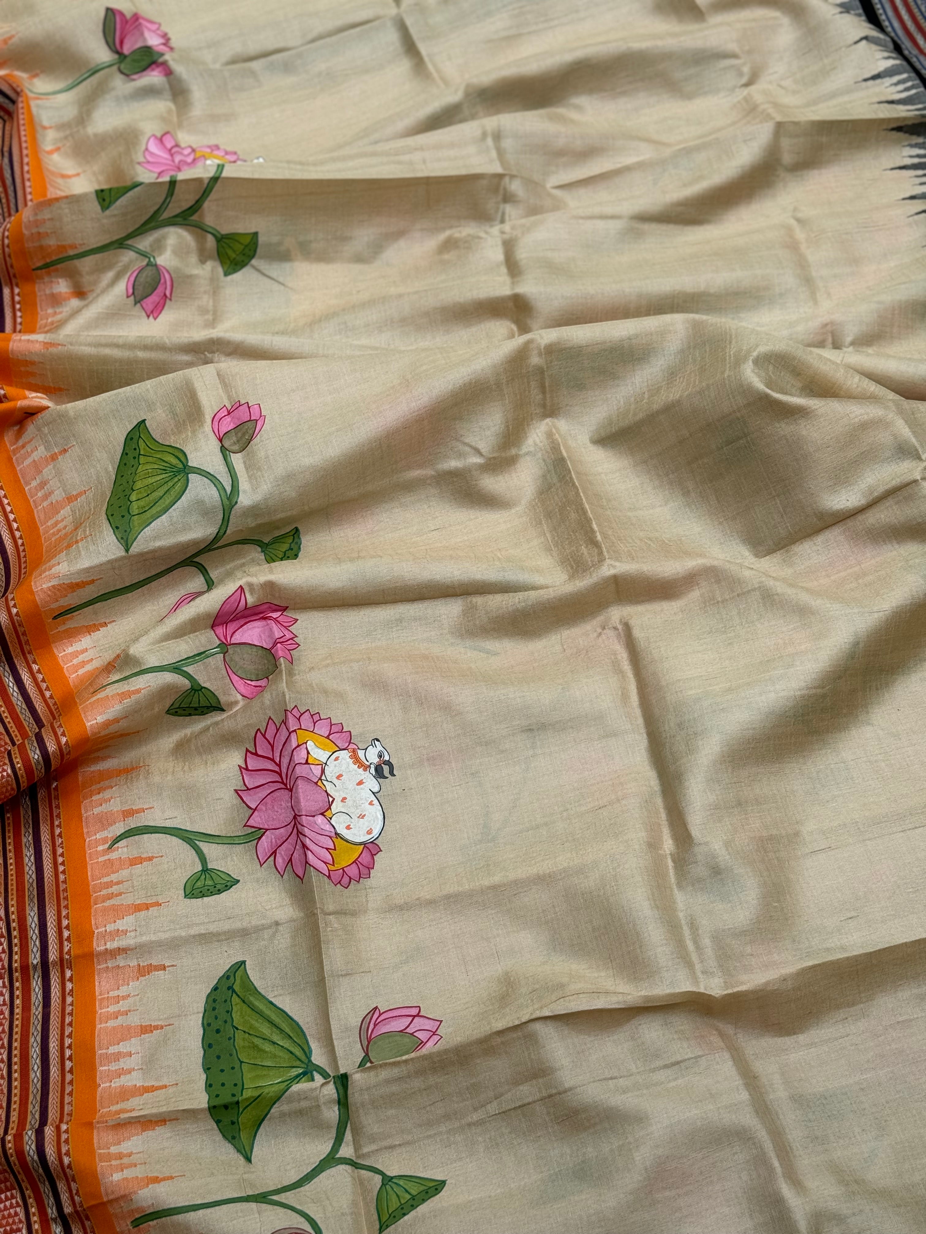 Madhubani pichwai folk art on Vidarbha tussar silk saree with Karvati kinar border
