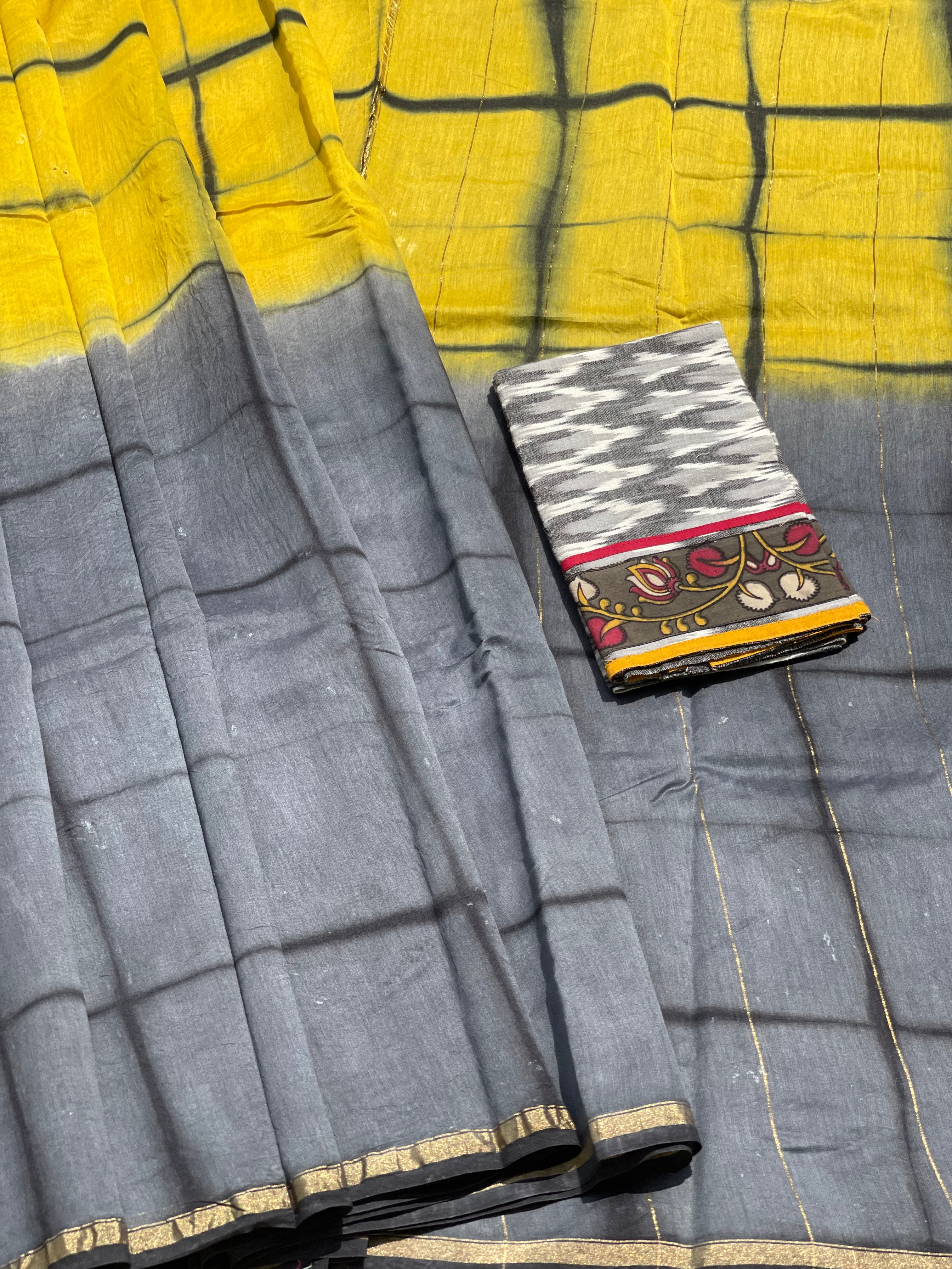 Chanderi Silk cotton hand block printed saree with striped zari border